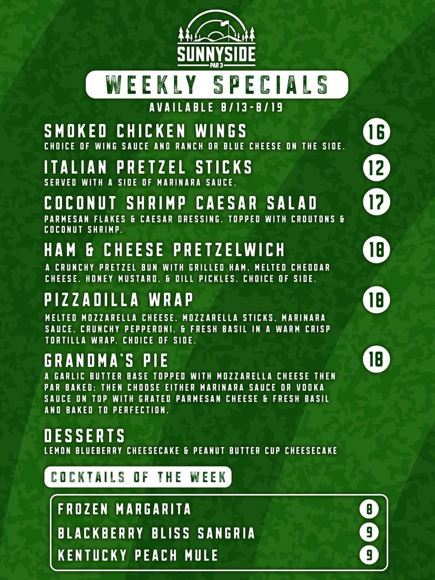 New menu drop at the Par 3, and this one came hungry. ⛳️🍴

We&rsquo;ve got Italian Pretzel Sticks ready for a marinara dunk, a Coconut Shrimp Caesar Salad, the stacked Ham &amp; Cheese Pretzelwich, and a Pizzadilla Wrap that somehow managed to cram 