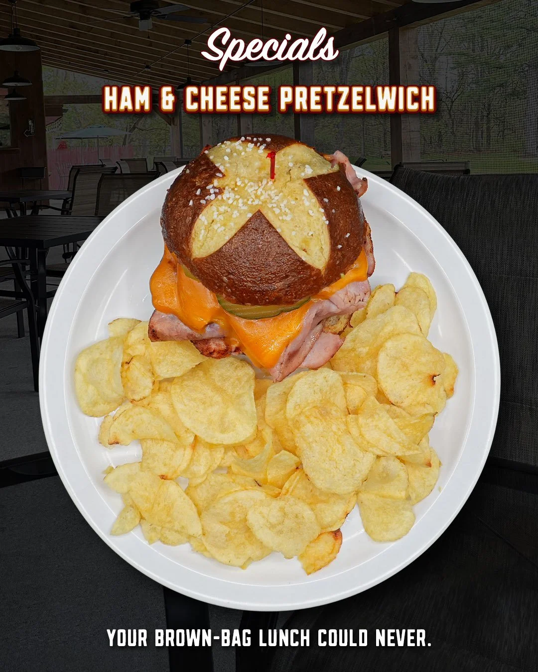 Ham and cheese has been getting packed into lunchboxes for decades. This is what happens when it grows up.

The Ham &amp; Cheese Pretzelwich piles grilled ham, melted cheddar, honey mustard, and dill pickles onto a crunchy pretzel bun, served with yo