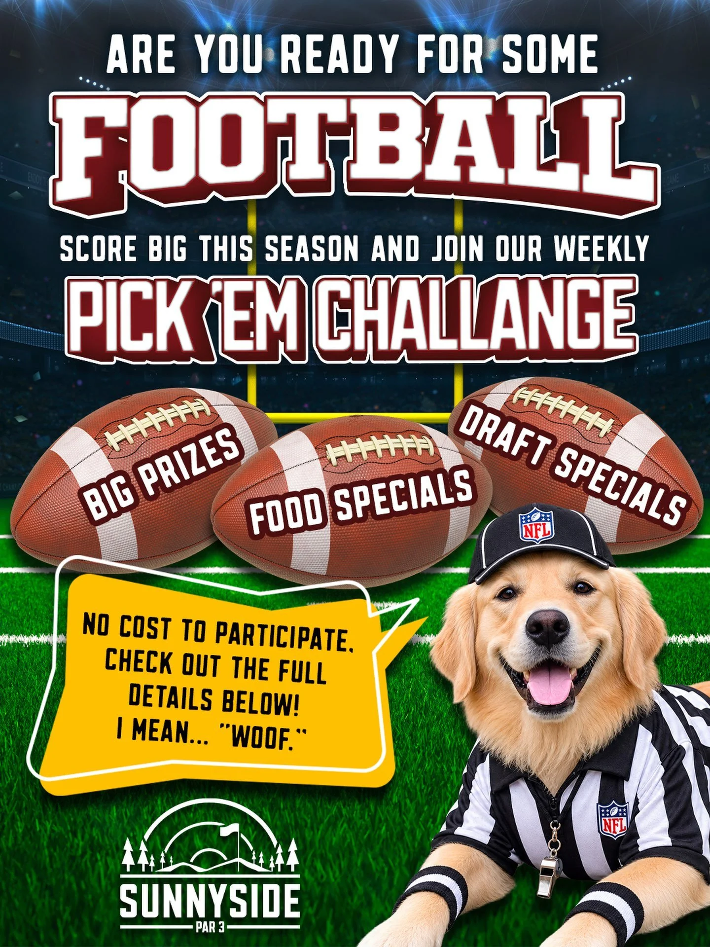 🏈 Think you know football? Time to prove it.

The Sunnyside Par 3 Weekly Pick &rsquo;Em Challenge is here for football season, and it&rsquo;s FREE to play!

Pick the winners each week, keep climbing the standings, and compete for weekly prizes plus 