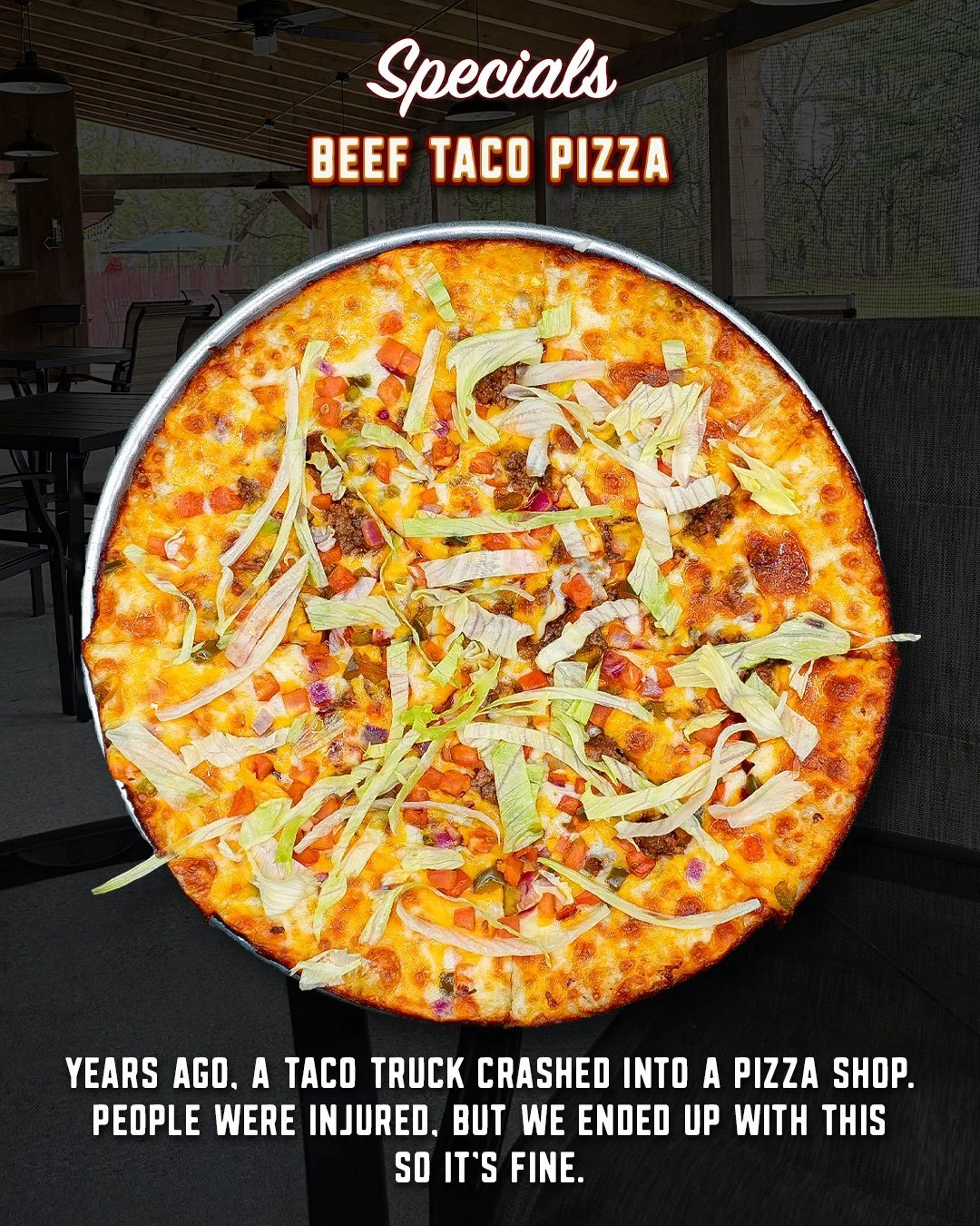Taco night took a wrong turn and ended up in the pizza oven. 🌮🍕

The Beef Taco Pizza starts with a salsa base and gets topped with seasoned taco beef and Monterey Jack before being finished with fresh pico and shredded lettuce.

All the familiar ta