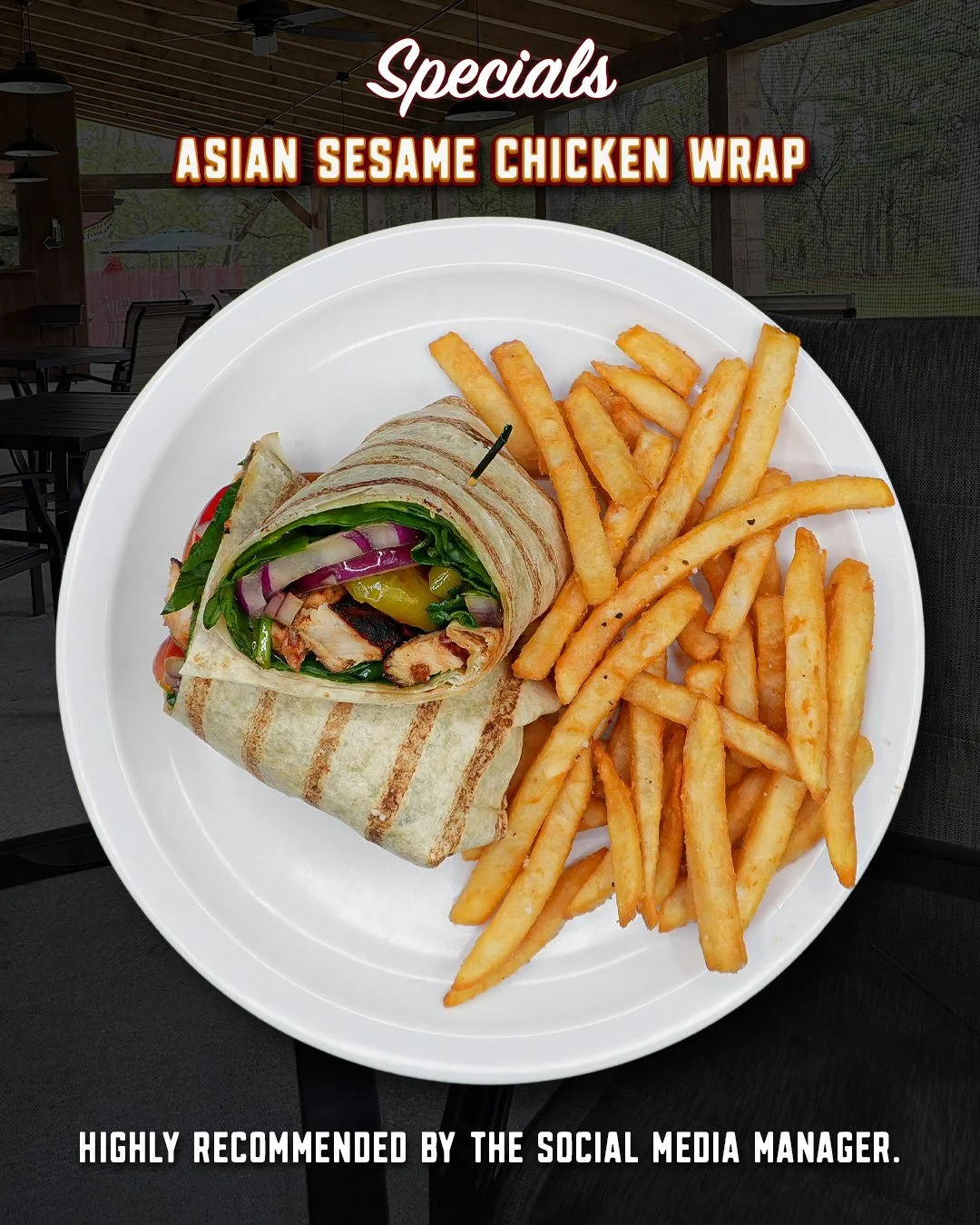 The Asian Sesame Chicken Wrap is taking a slightly different route around the Par this week. 🌯⛳️

Teriyaki-seared chicken gets wrapped up with fresh spinach, tomatoes, red onions, and banana peppers for a mix of sweet, savory, fresh, and just enough