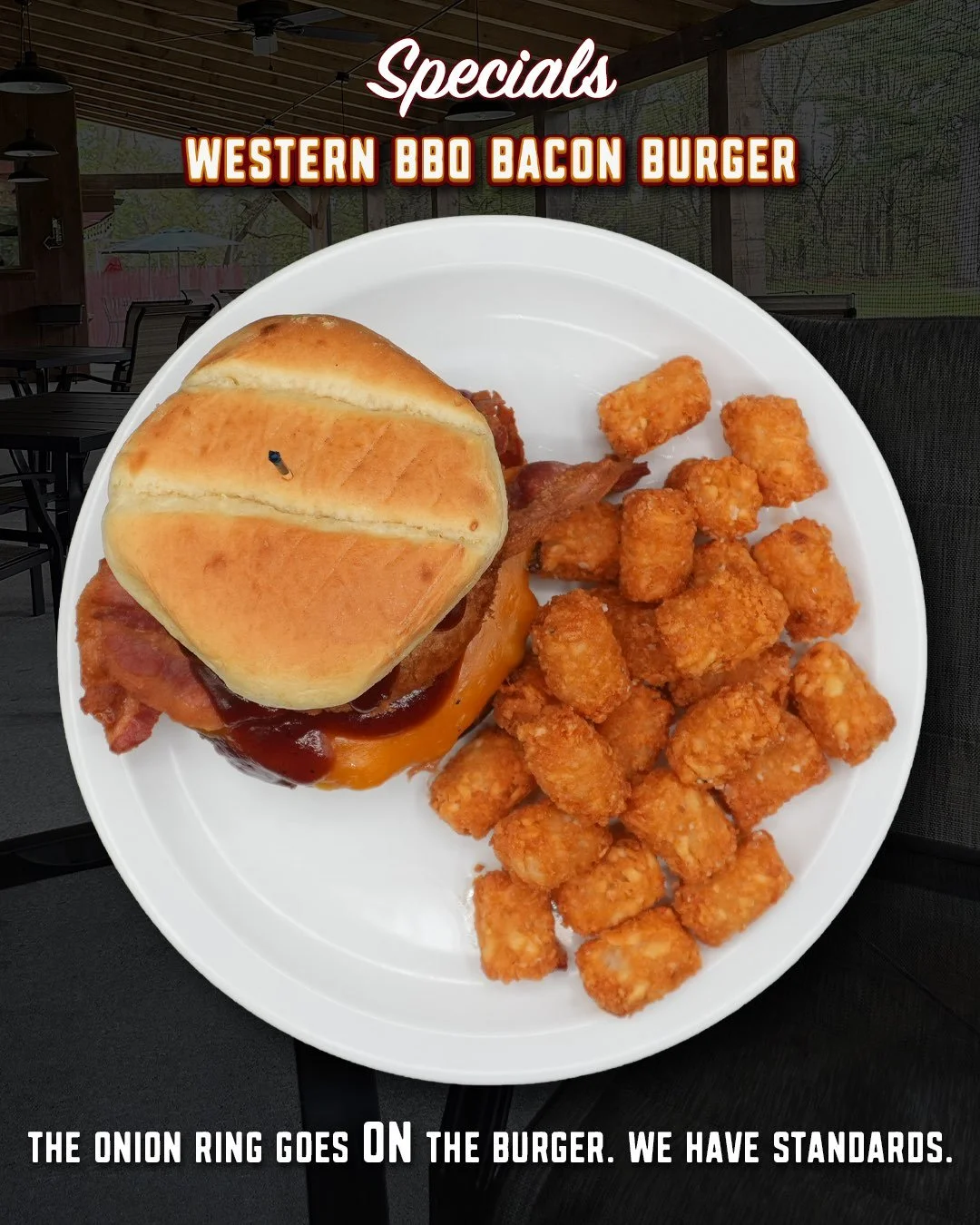 There&rsquo;s putting an onion ring next to a burger, and then there&rsquo;s putting it where it belongs. On top. 🍔

The Western BBQ Bacon Burger starts with a seasoned burger and piles on sliced cheddar, crispy bacon, an onion ring, and BBQ sauce, 