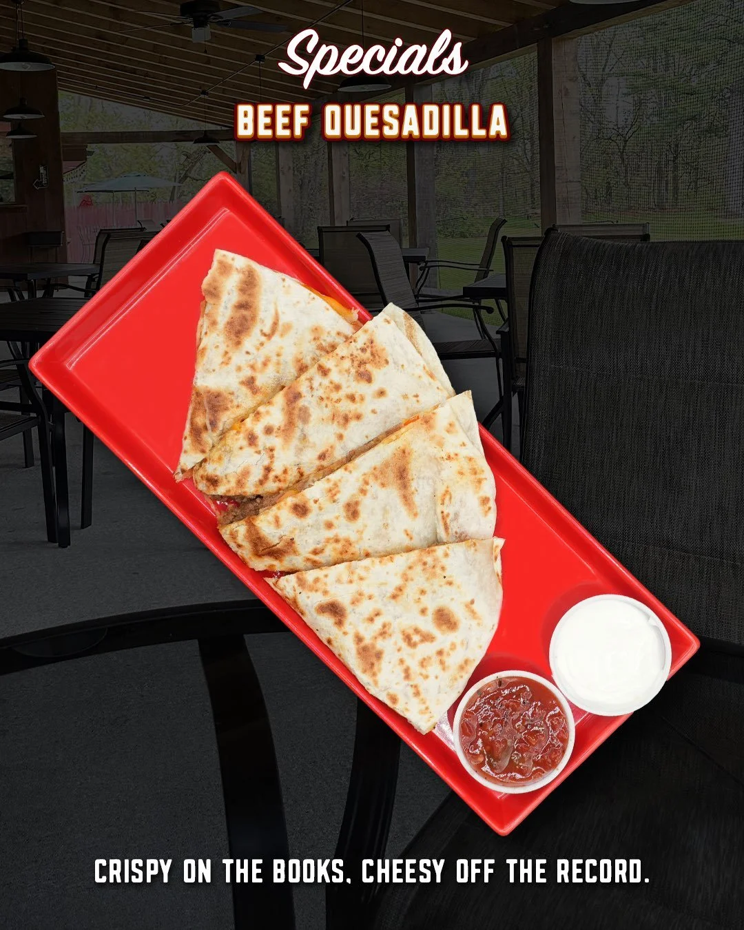 Good things happen when you put taco beef and cheese between two crispy layers of tortilla. 🌮

The Beef Quesadilla is loaded with seasoned taco beef, melted Monterey Jack, and fresh pico, then grilled until the tortilla is warm and crispy.

Salsa an