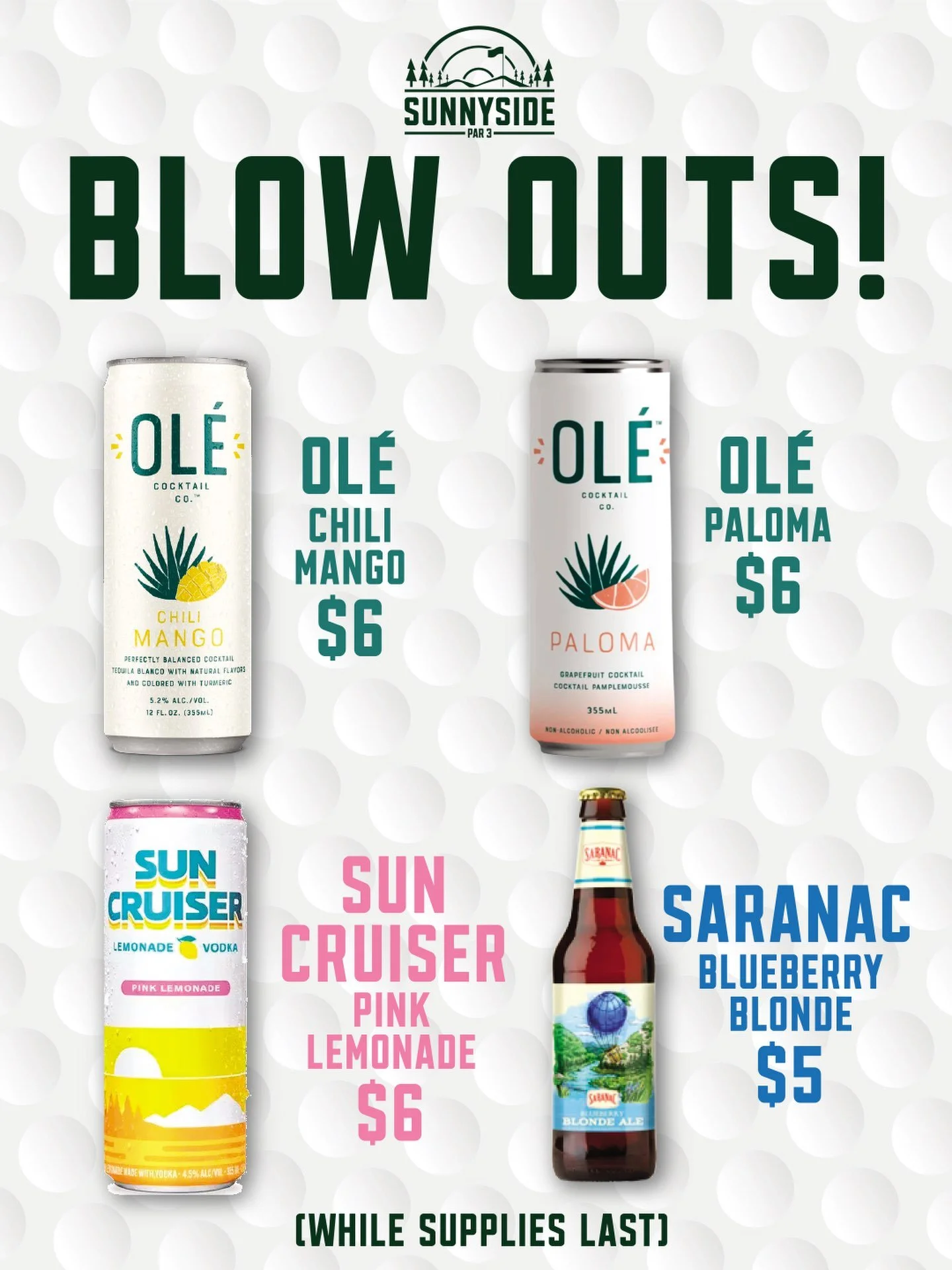We&rsquo;re making room behind the bar, which means drinks are getting cheaper. 🍻

We&rsquo;ve got a BLOWOUT SALE happening at Sunnyside Par 3 with a few drinks marked down while supplies last:

🍹 Ol&eacute; Chili Mango &bull; $6
🍹 Ol&eacute; Palo