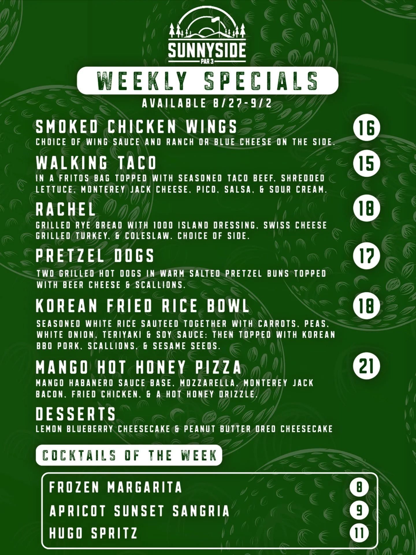 The new specials have landed, and this menu is covering a LOT of ground. ⛳️🍴

The Walking Taco is back, we&rsquo;ve got a Rachel piled with grilled turkey, Swiss, coleslaw and 1000 Island, and the Pretzel Dogs are bringing beer cheese into the equat