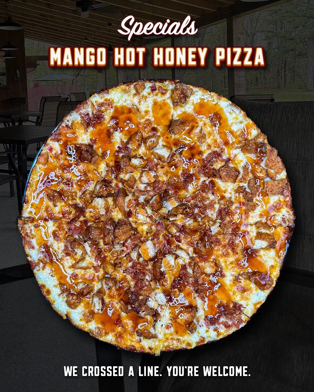 This one&rsquo;s got a little attitude.

Mango, hot honey, fried chicken, bacon&hellip; sweet up front, then it catches up to you.

There&rsquo;s nothing more to be said, just trust us, you have to try it! 🔥 🍕 🍯 🥭