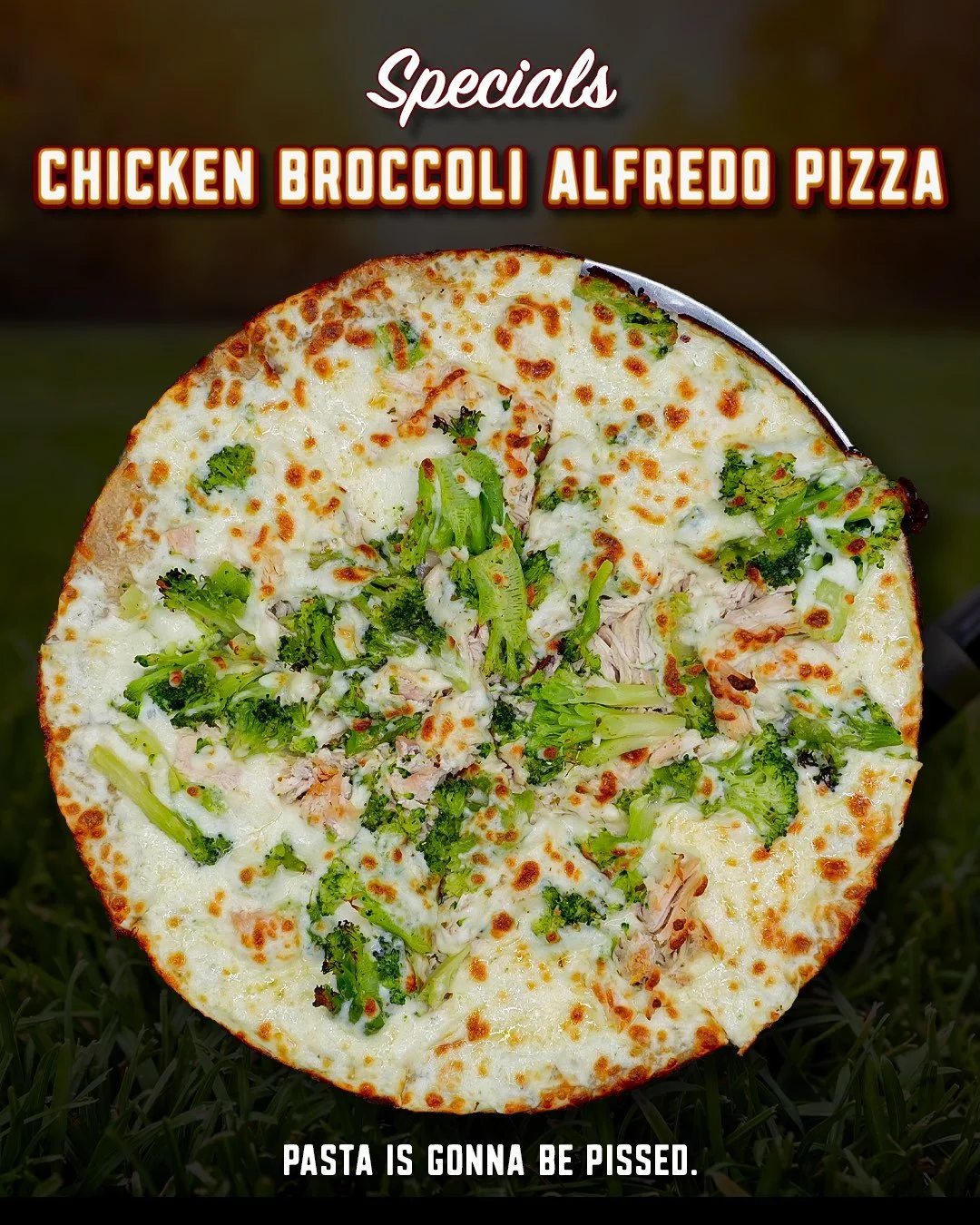 Chicken Alfredo ditched the noodles. We support its decision. 🍕

The Chicken Broccoli Alfredo Pizza starts with an Alfredo base and gets topped with shredded baked chicken, broccoli, and mozzarella cheese before heading into the oven.

Creamy Alfred