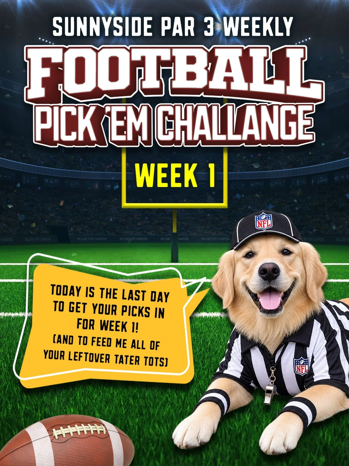 LAST CALL FOR WEEK 1 PICKS! 🏈

Today is the final day to get your picks in for Week 1 of the Sunnyside Par 3 Weekly Football Pick &rsquo;Em Challenge. It&rsquo;s completely FREE to play, and there are gift cards and, more importantly, bragging right