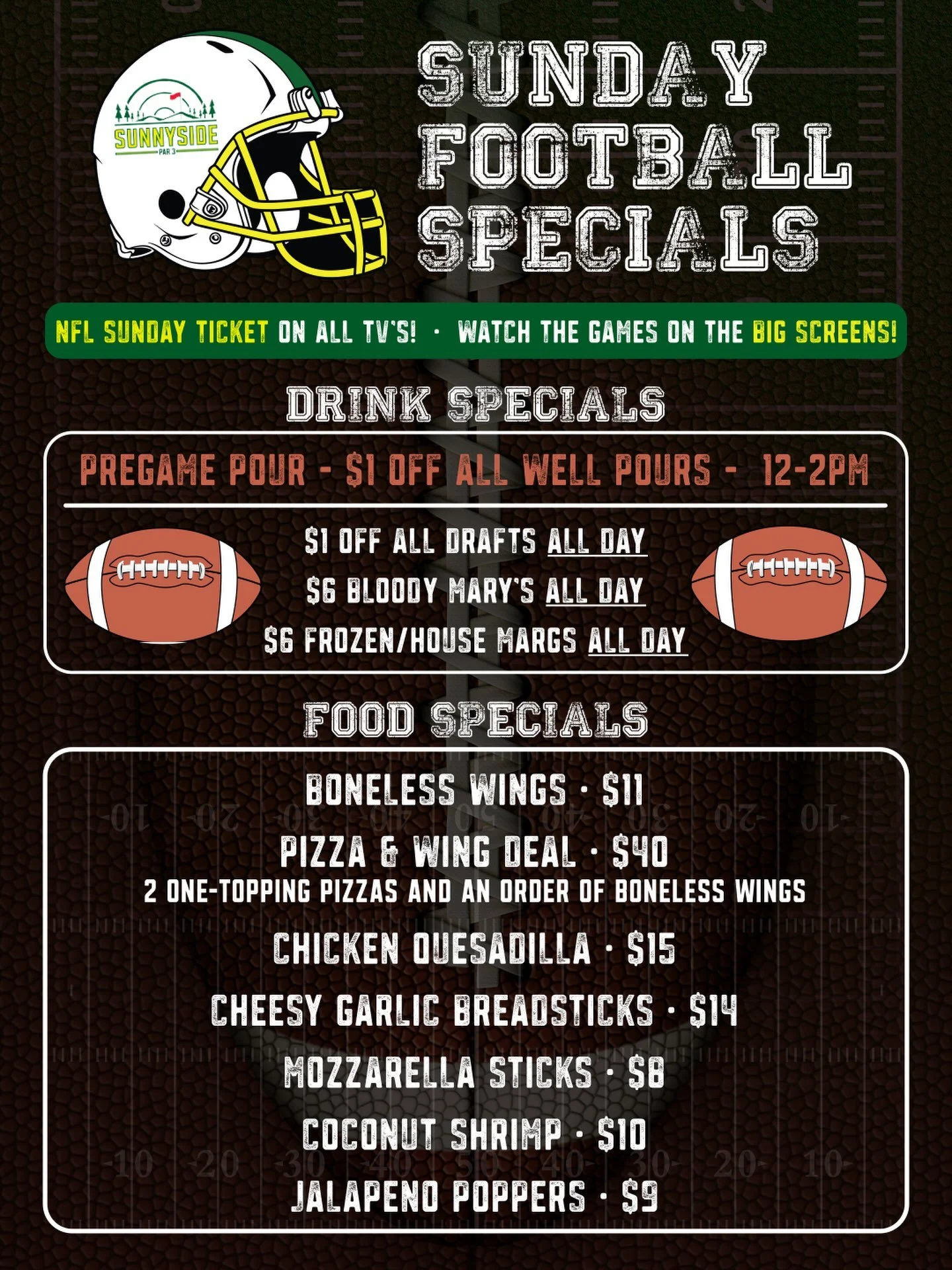 THE FIRST NFL SUNDAY OF THE REGULAR SEASON IS HERE. 🏈🍻

And at Sunnyside, we&rsquo;re going BIG with it. We&rsquo;ve got NFL Sunday Ticket on all the TVs, plus the games blown up on our massive golf simulator screens. If you&rsquo;ve never watched 