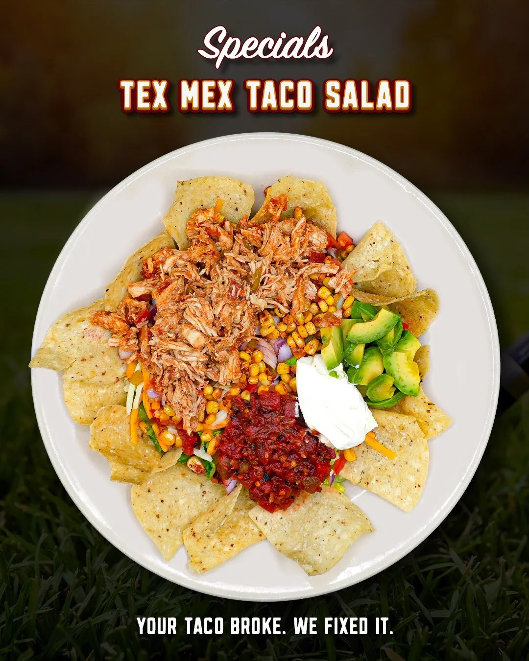 Salad night found a loophole. 🌮🥗

The Tex-Mex Taco Salad starts with fried tortilla chips and chopped romaine, then piles on Monterey Jack, pico, corn, avocado, seasoned pulled chicken, salsa, and sour cream.

Crunchy, fresh, cheesy, a little messy