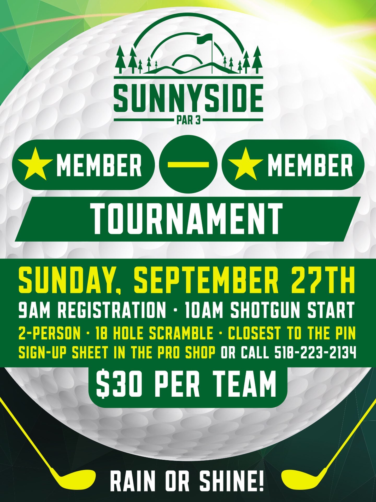 Grab a partner. This one&rsquo;s for the members. ⛳️🏆

The Sunnyside Par 3 Member-Member Tournament is coming up Sunday, September 27th!

Team up with another Sunnyside member for an 18-hole, 2-person scramble, with a Closest to the Pin competition 