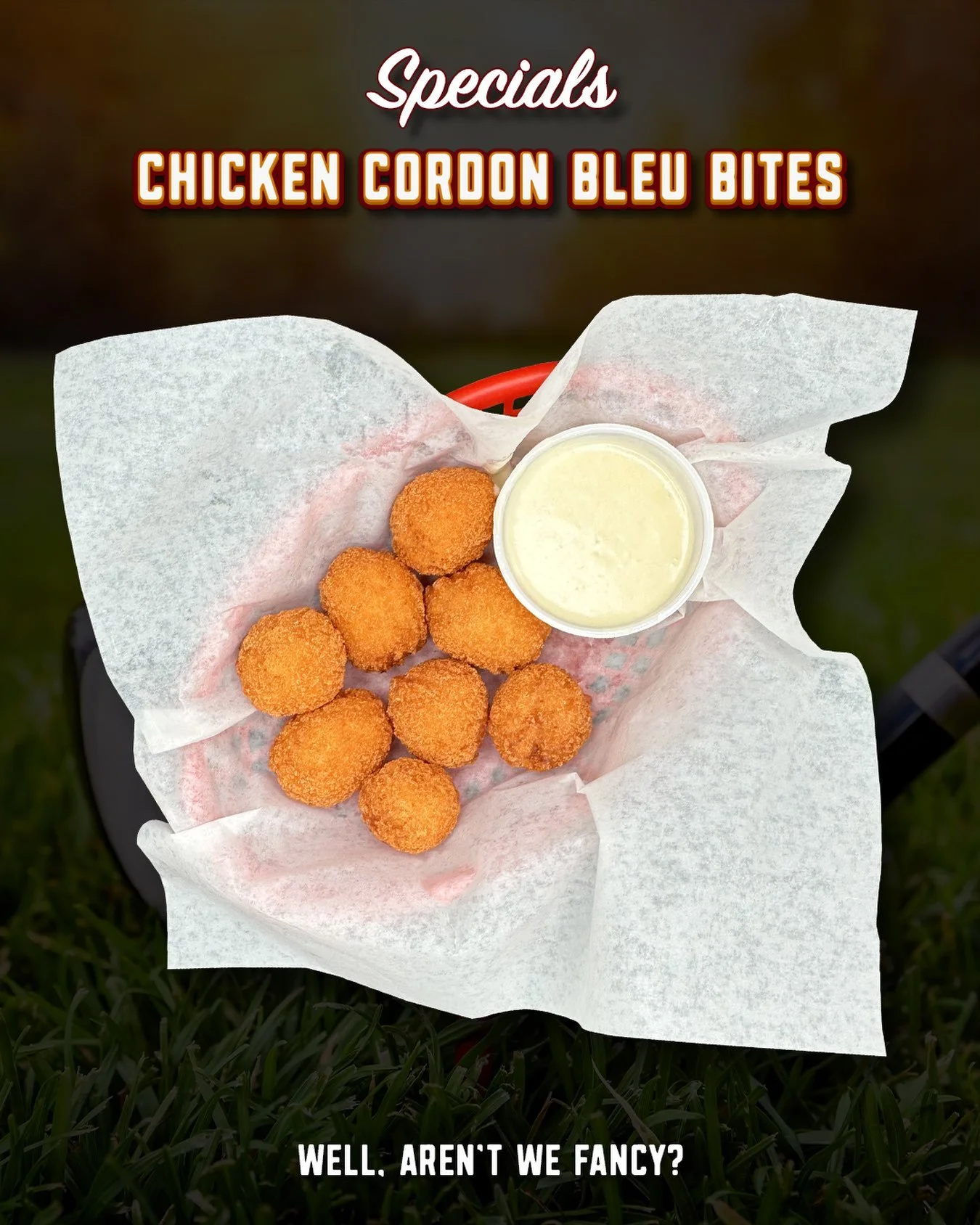 The Chicken Cordon Bleu Bites are making their return to the specials menu at Sunnyside Par 3!

Crispy on the outside with that classic chicken, ham, and cheese combination tucked inside, served with a side of creamy Alfredo sauce for dipping.

Basic