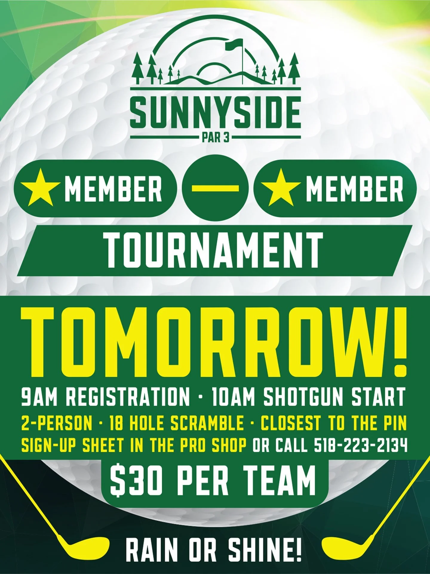 Tomorrow&rsquo;s the day! ⛳️🏆

The Sunnyside Par 3 Member-Member Tournament tees off tomorrow, which means this is your last chance to grab a partner and get your team signed up!

We&rsquo;ll start with registration at 9 AM, followed by a 10 AM shot