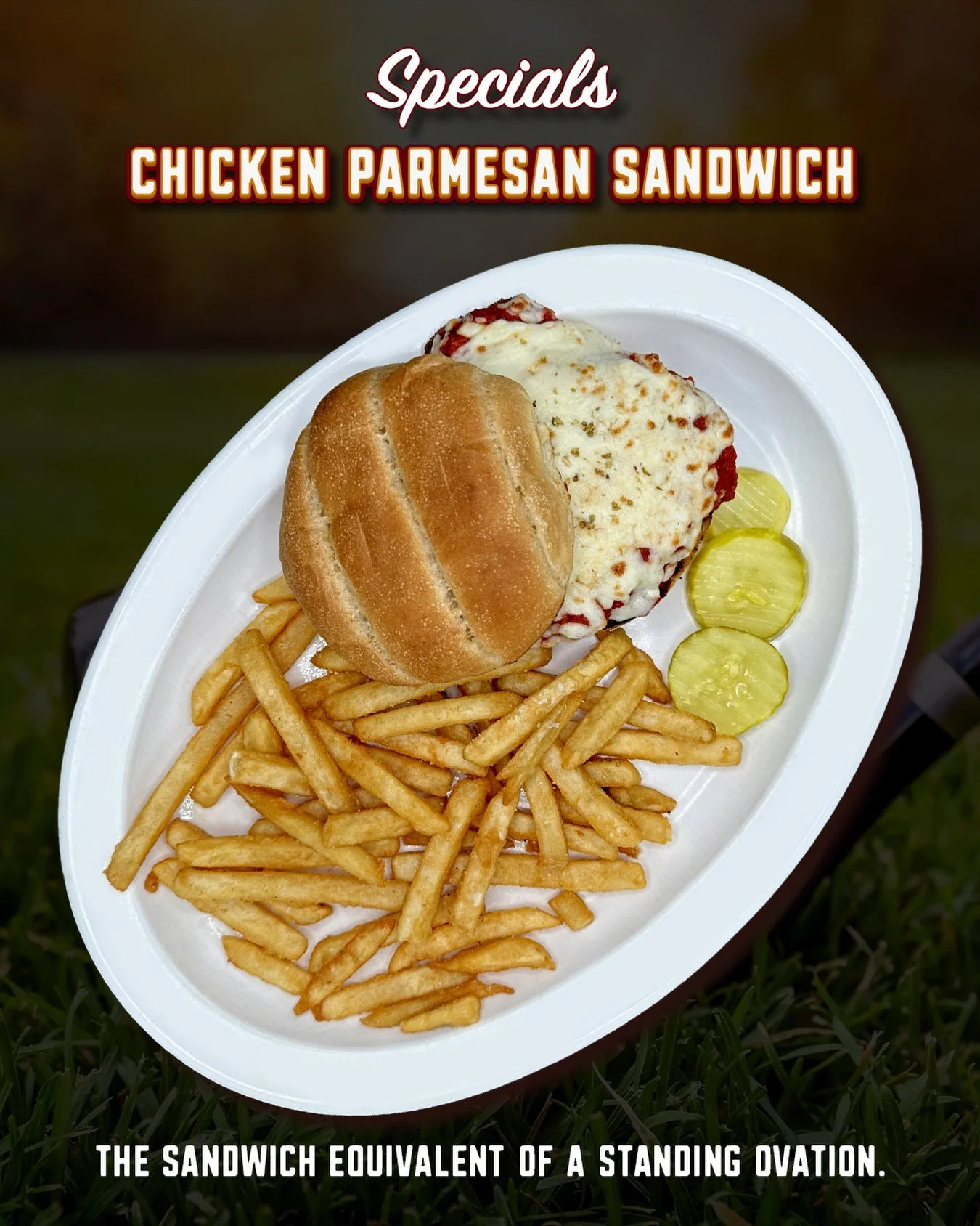 The Chicken Parmesan Sandwich 🤌

A crispy fried chicken cutlet topped with marinara sauce and melted mozzarella cheese, served on a toasted bun with your choice of side.

Some specials try to surprise you. This one just shows up and delivers exactly