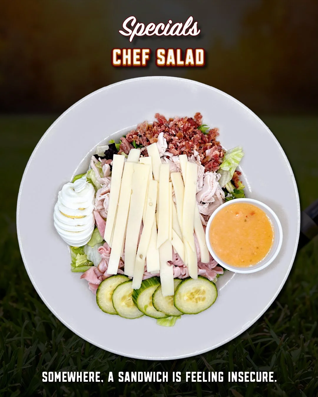 The whole deli showed up. 🥗

The Chef&rsquo;s Salad starts with mixed greens and cucumbers, then gets properly filled out with hard-boiled eggs, bacon bits, ham, turkey, and Swiss cheese, plus your choice of dressing.

Fresh and crisp, but with enou