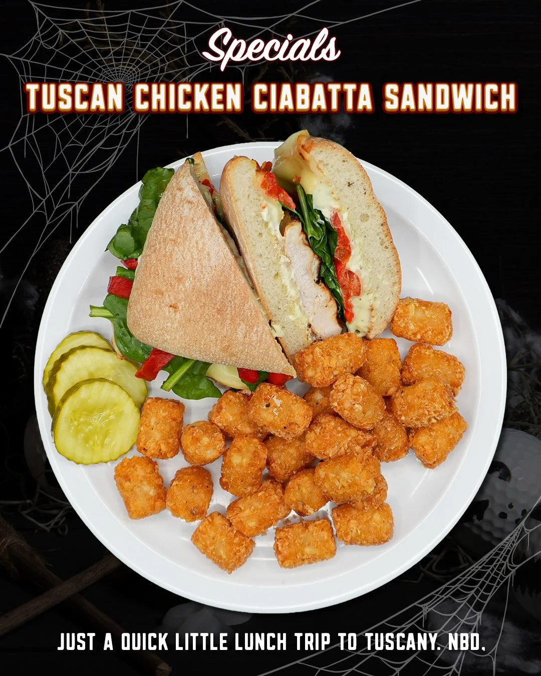 Lunch took a trip to Tuscany. 🇮🇹🥪

The Tuscan Chicken Ciabatta stacks grilled chicken, roasted red peppers, spinach, pesto mayo, and smoked mozzarella on a toasted ciabatta roll, served with your choice of side.

Smoky mozzarella, bright roasted p