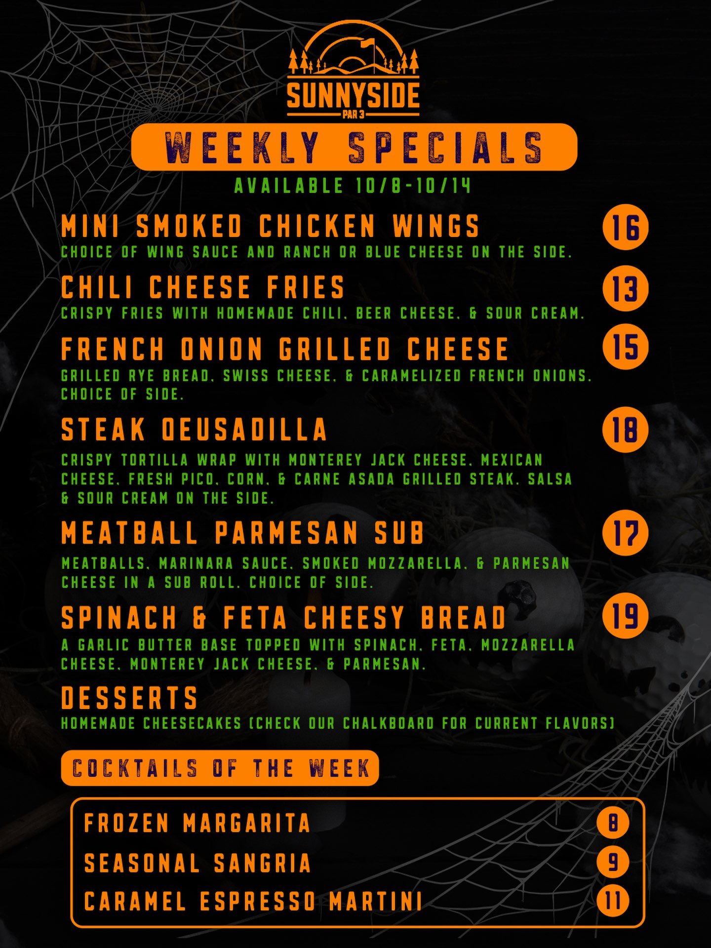 October is rolling along, and the new specials at Sunnyside are looking pretty damn good. 🎃⛳️

We&rsquo;re kicking things off with Chili Cheese Fries smothered in homemade chili, beer cheese and sour cream, followed by a French Onion Grilled Cheese 