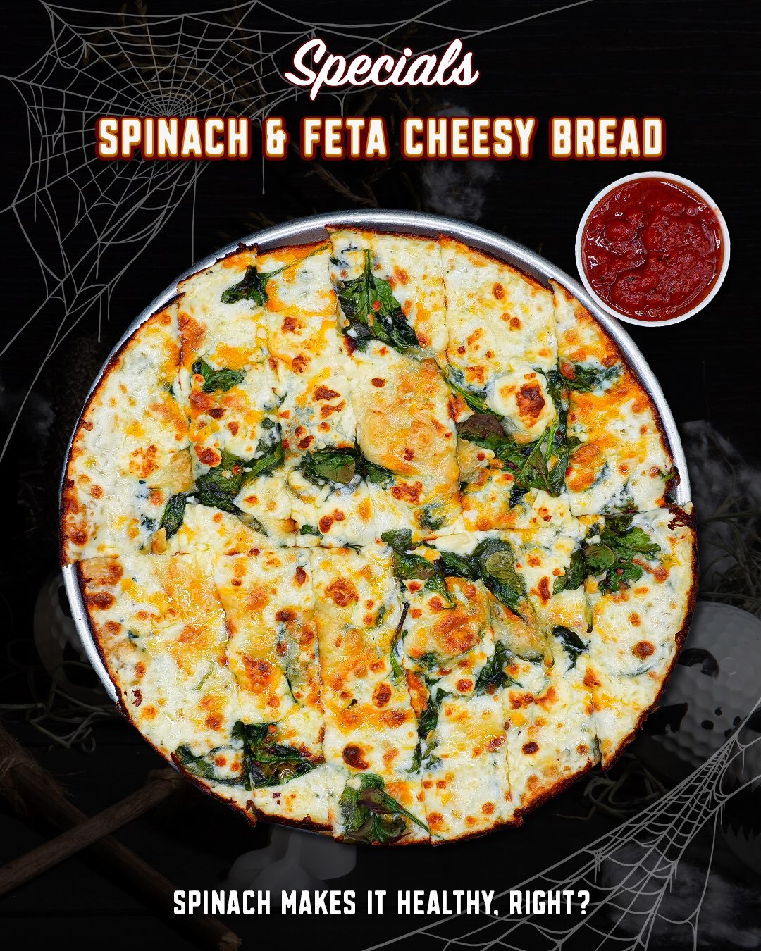 We put spinach on cheesy bread so you can tell yourself you&rsquo;re eating vegetables. You&rsquo;re welcome. 😂🧀

The Spinach &amp; Feta Cheesy Bread starts with a garlic butter base, then gets covered in spinach, crumbled feta, mozzarella, Montere