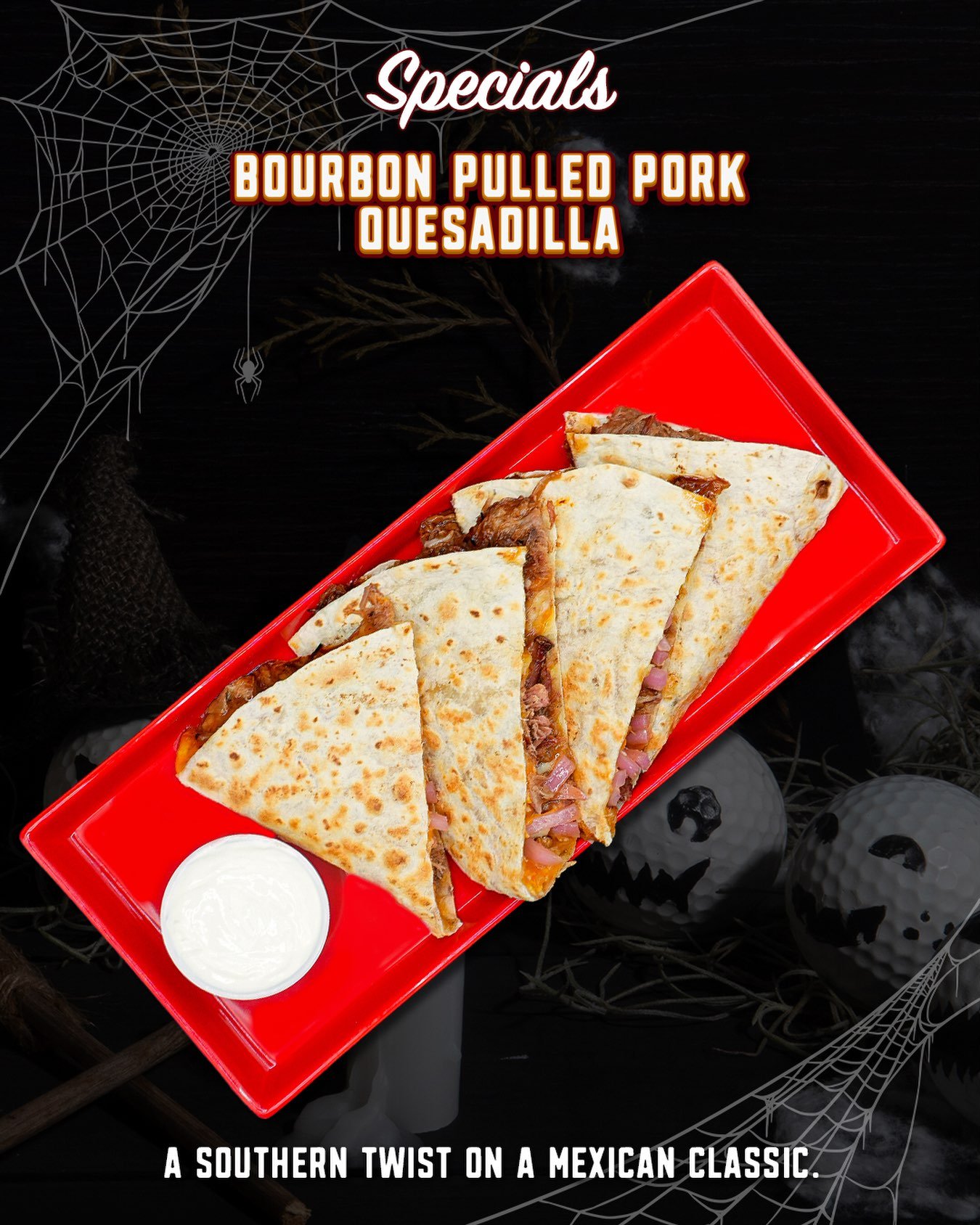 BBQ night got folded. 🥃🌮

Our Bourbon Pulled Pork Quesadilla brings a little Southern BBQ flavor to a Mexican favorite.

We&rsquo;re talking Carolina pulled pork, bourbon sauce, melted Monterey Jack, and tangy pickled red onions, all tucked inside 