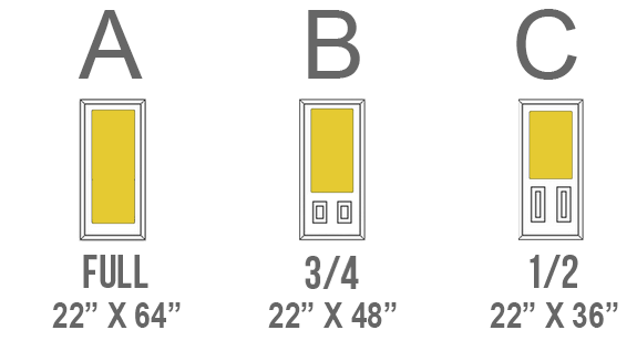 Decorative Glass Door Inserts Available sizes are indicated by A, B and C next to the name