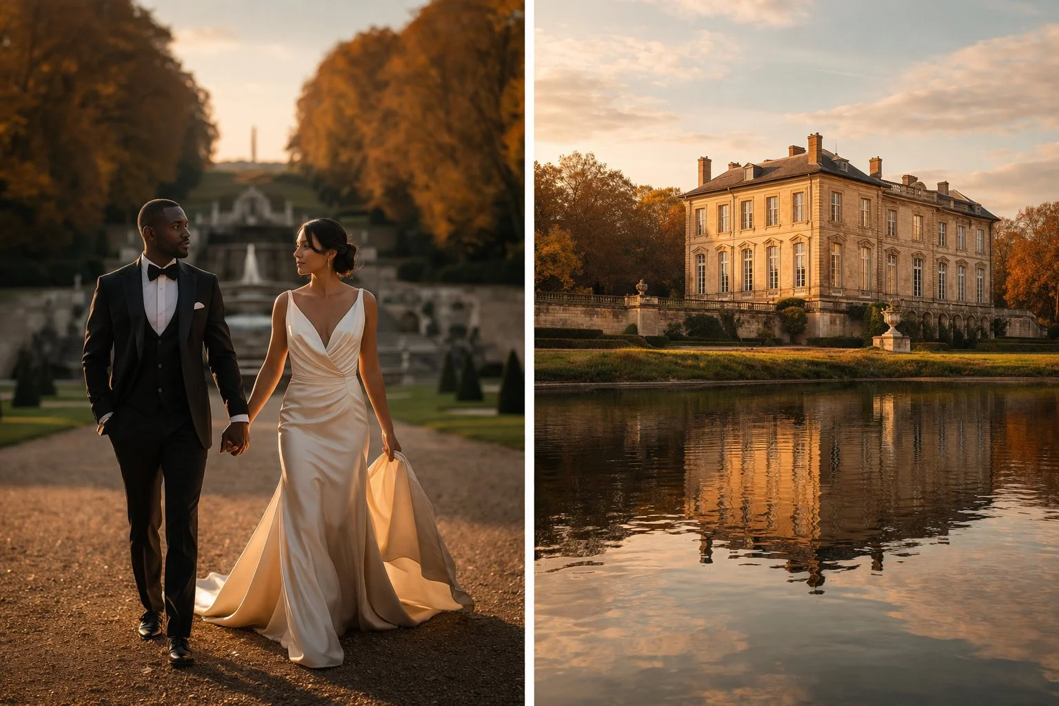 Golden hour portraits in the gardens of a château wedding near Paris.