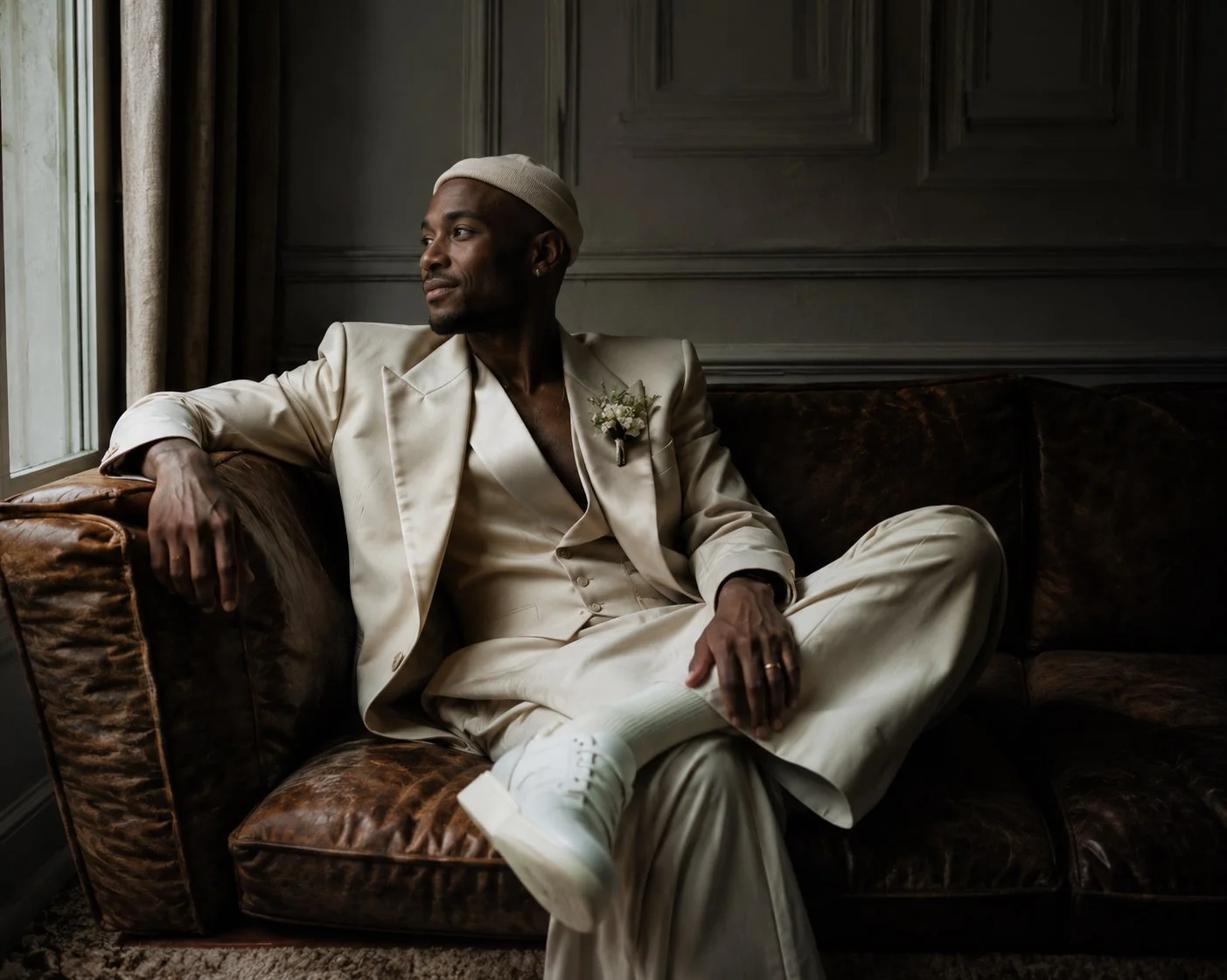 Texte ALT Elegant portrait of a stylish groom in an ivory tailored suit sitting by a window before a luxury wedding in France.