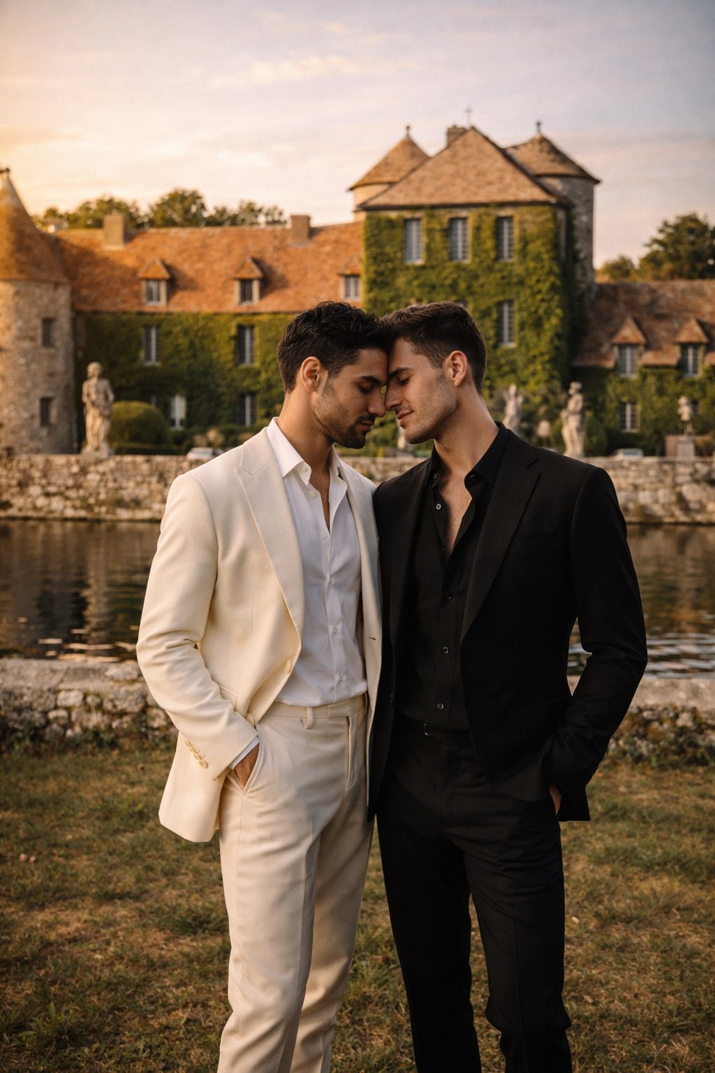 Elegant gay couple at Château de Villiers-le-Mahieu wedding venue near Paris
