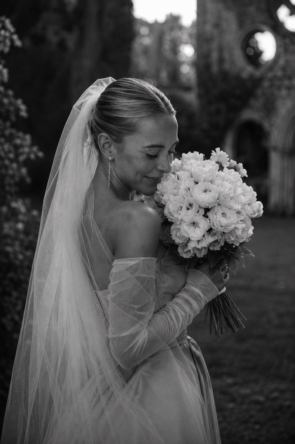Editorial bridal portrait in black and white of a bride holding her bouquet in the ruins of Abbaye des Vaux de Cernay, France.
