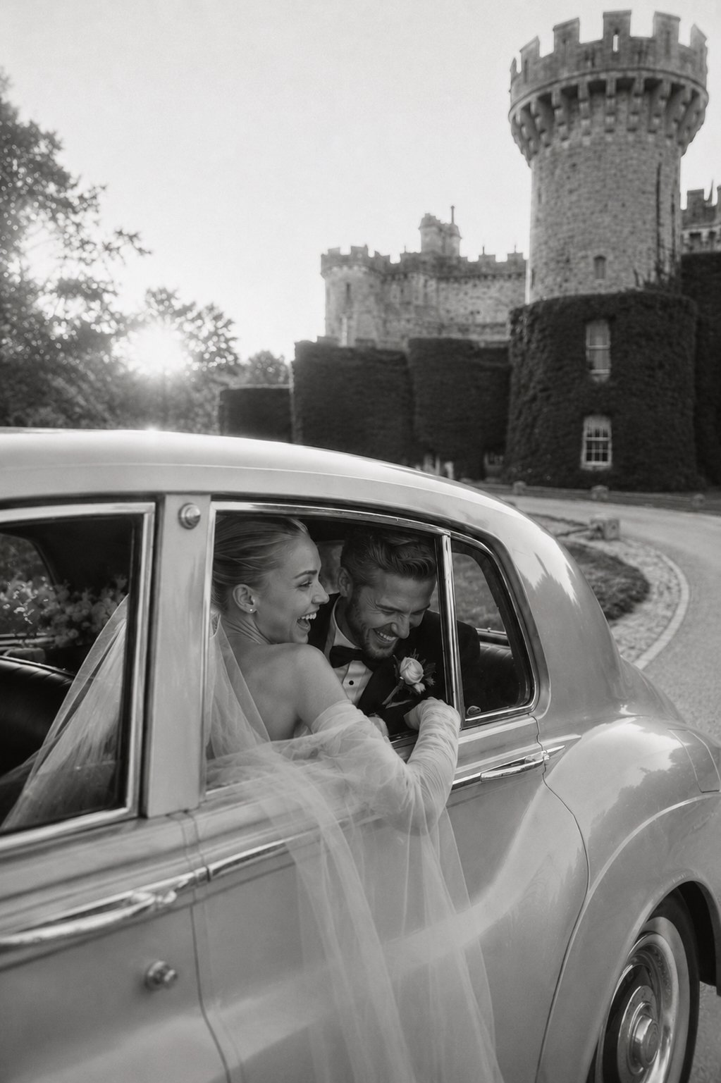 Bride and groom sharing a joyful moment inside a vintage wedding car in front of Abbaye des Vaux de Cernay, France. Elegant black and white editorial wedding photography.