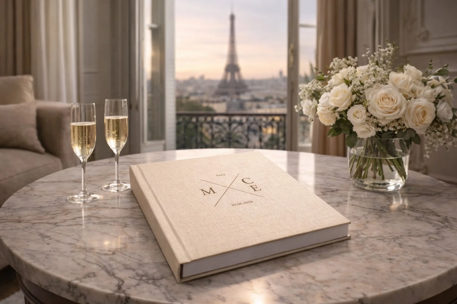 Fine art wedding album photographed in a Paris hotel suite with Eiffel Tower view