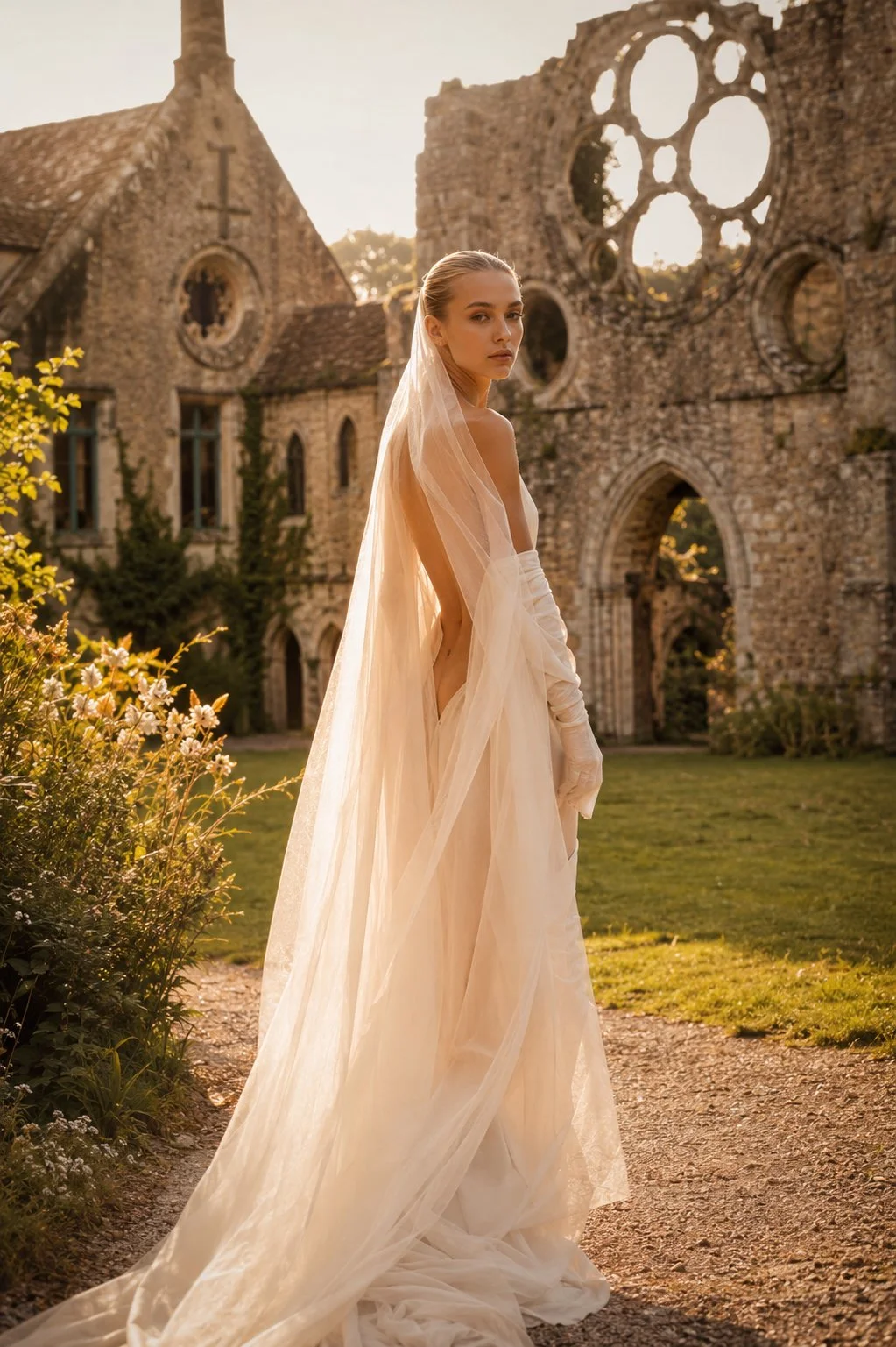 Editorial portrait of a bride wearing a minimalist couture wedding gown in the ruins of Abbaye des Vaux de Cernay during golden hour, France.