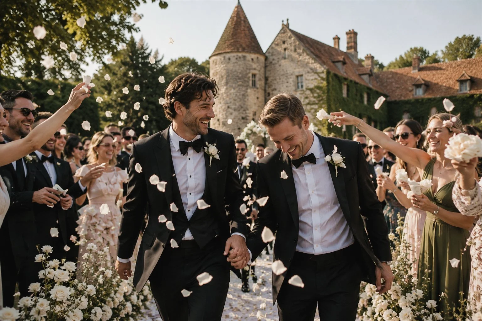 Editorial wedding photography of a same-sex wedding celebration at Château de Villiers-le-Mahieu, one of France’s most elegant château wedding venues.