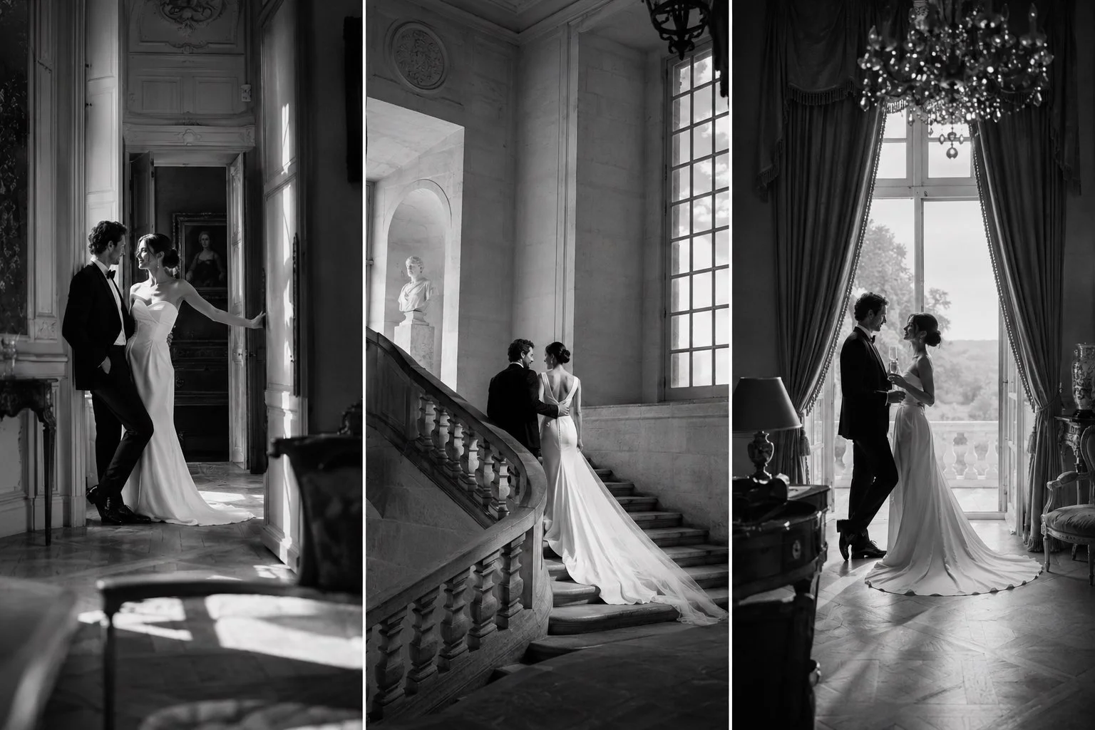 Elegant bride and groom sharing intimate moments inside a historic French château during a luxury destination wedding in France.