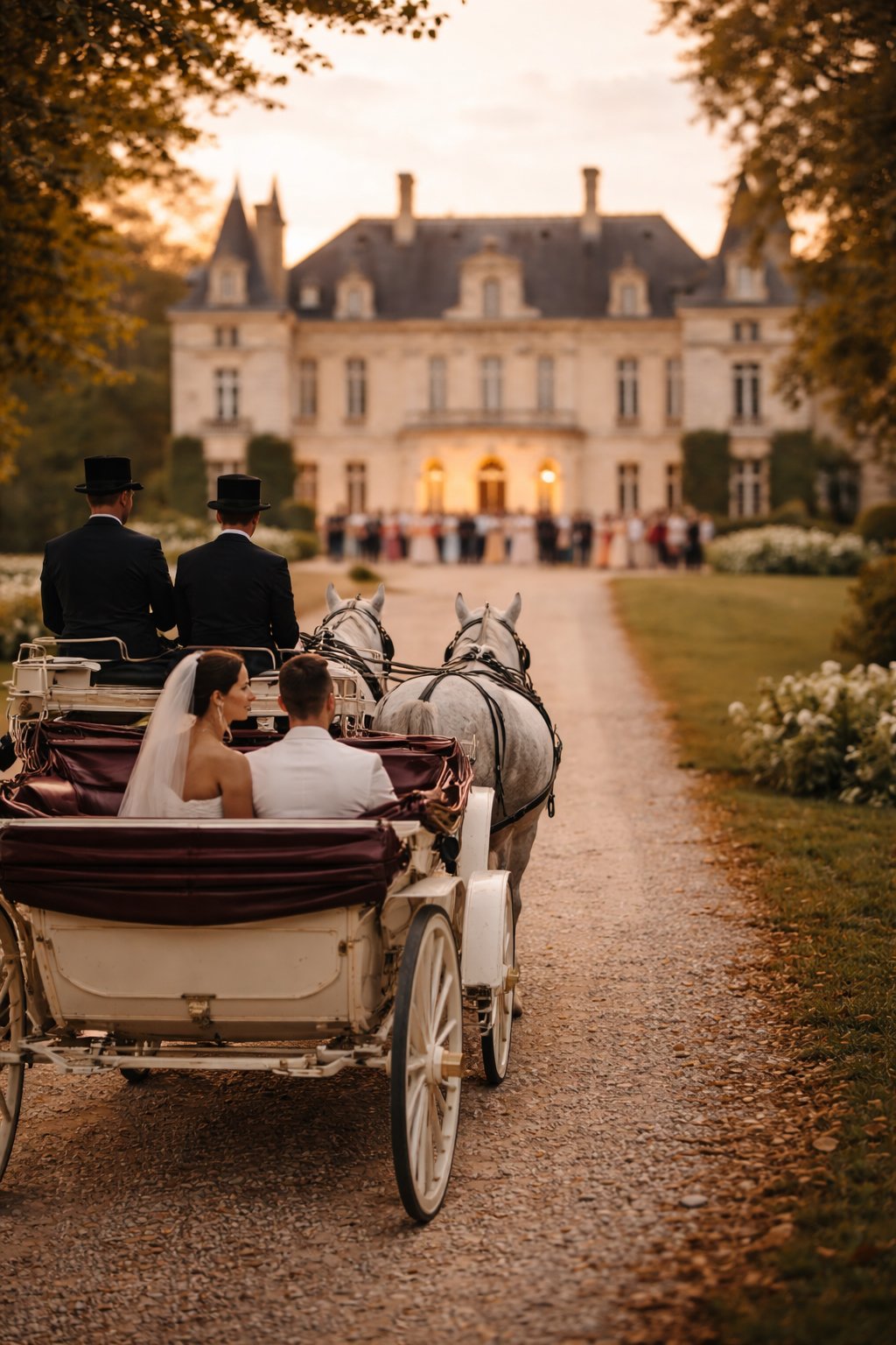 romantic arrival carriage chateau wedding france near paris