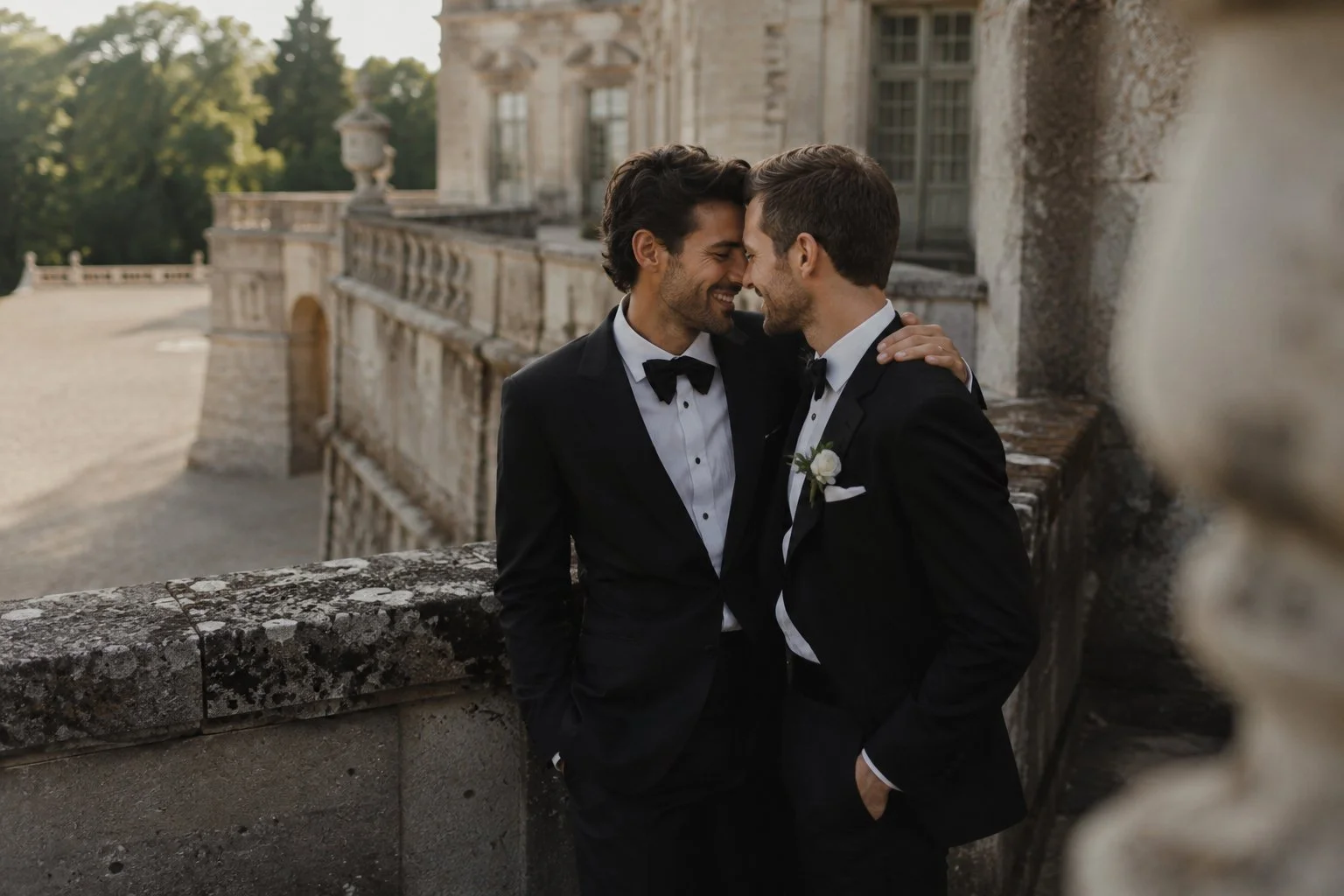 Two grooms sharing a joyful and intimate moment on the terrace of an elegant French château during their destination wedding in France.