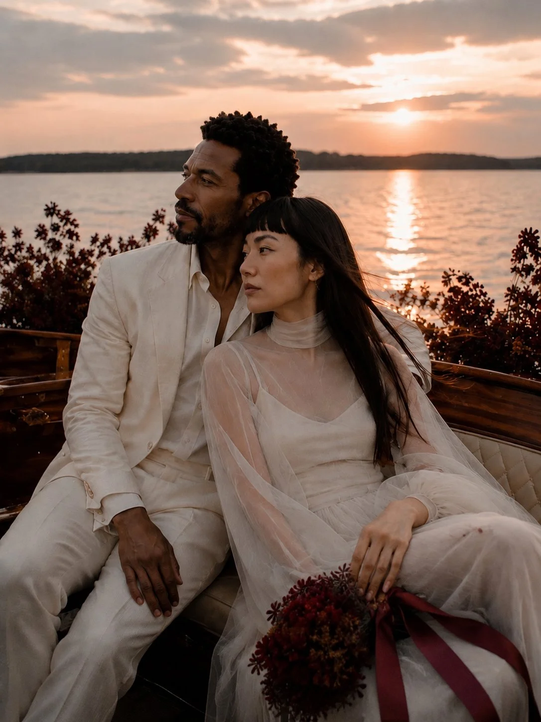 Editorial portrait of a bride and groom at sunset during a luxury destination wedding in the Camargue, photographed by a high-end wedding photographer in France.