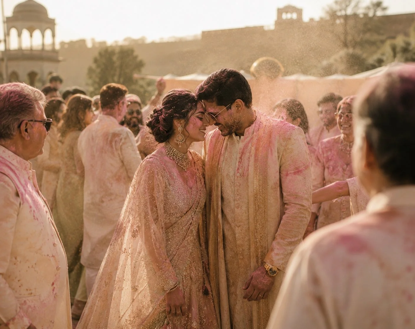 Luxury Indian wedding celebration in Jaipur during Holi with couture embroidery, pastel gulal and editorial wedding photography.