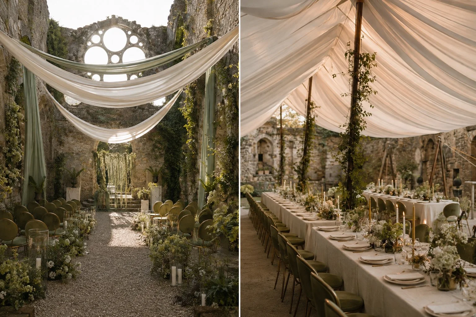 Elegant wedding ceremony and reception design at Abbaye des Vaux de Cernay featuring flowing drapery, candlelight and refined floral arrangements.