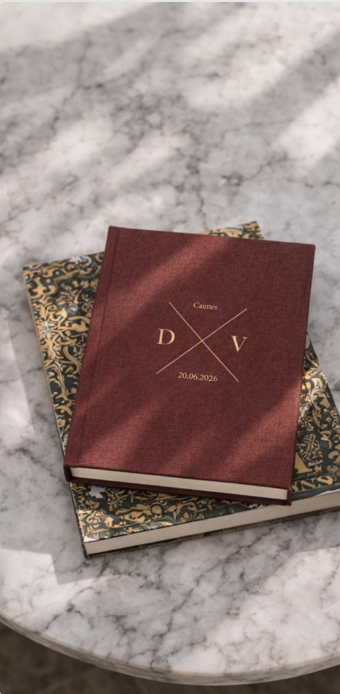 Luxury linen wedding album with embossed initials for a destination wedding in France.