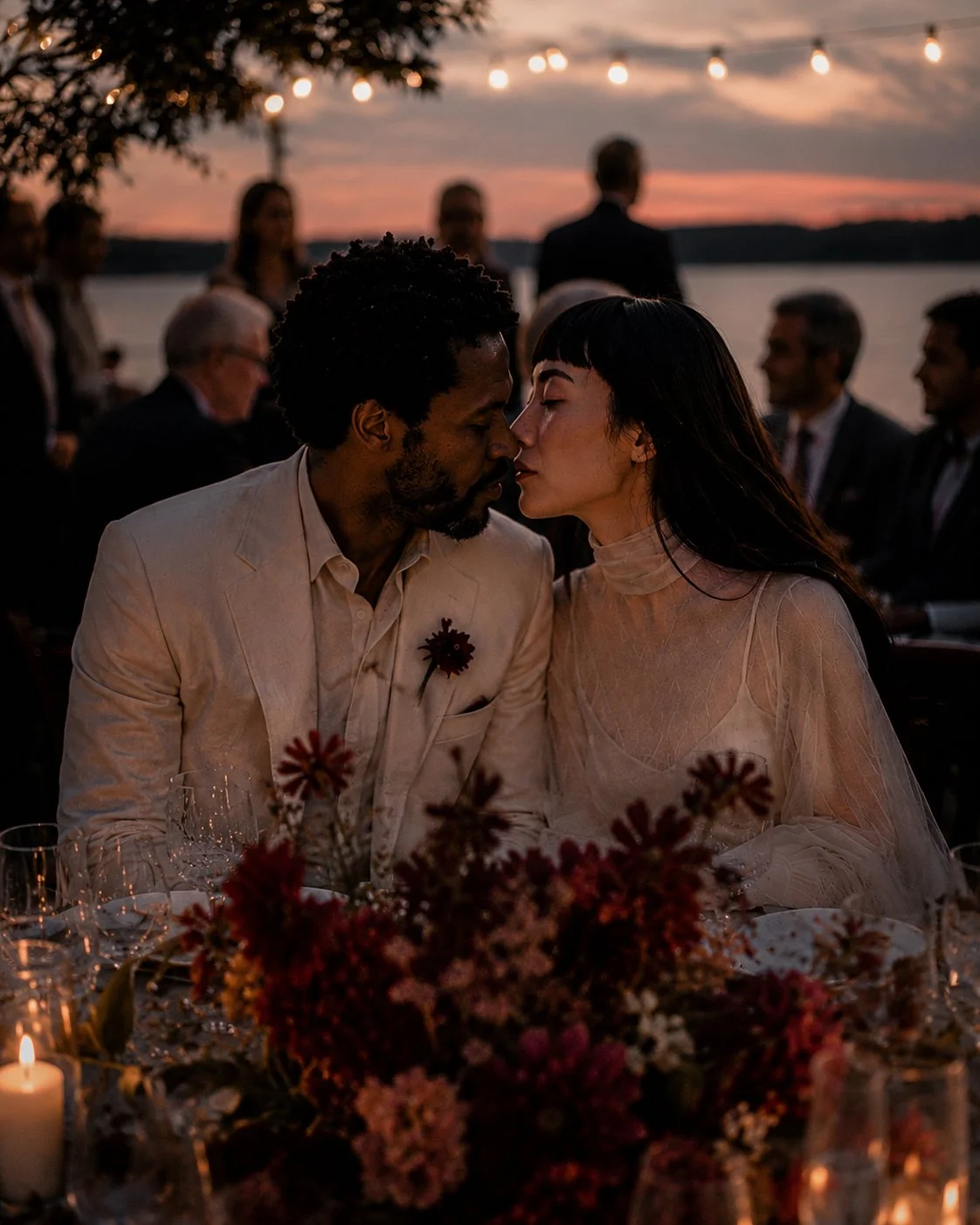Editorial luxury wedding photography in France featuring an elegant couple during a candlelit destination wedding reception at sunset.