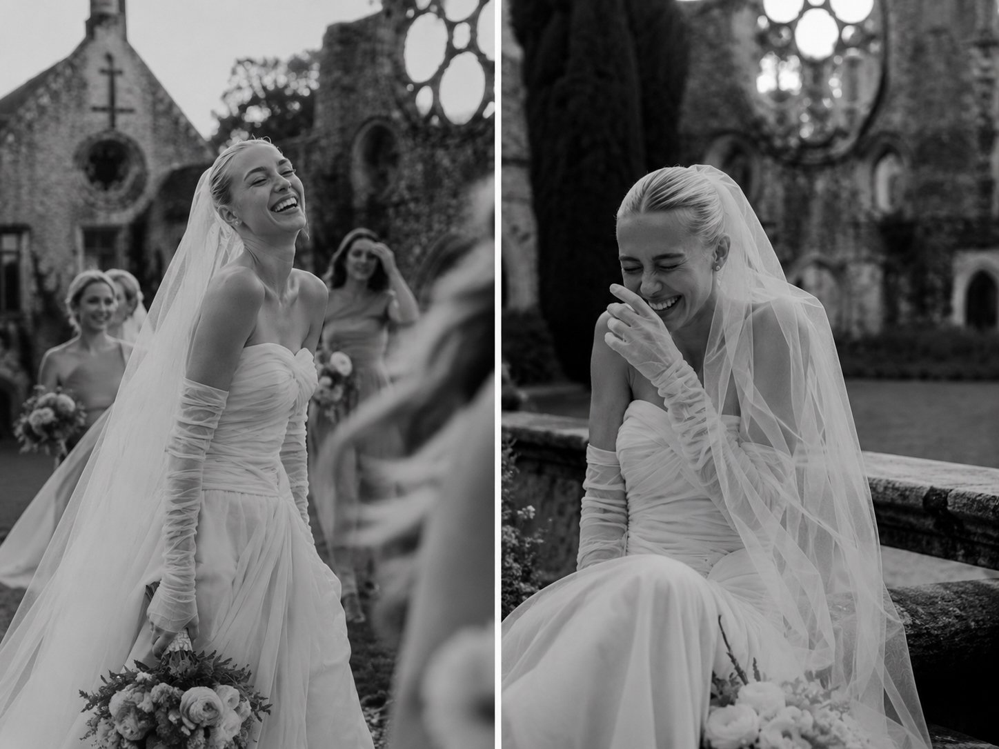 Black and white editorial wedding photograph of a joyful bride laughing with her bridesmaids at Abbaye des Vaux de Cernay, France.