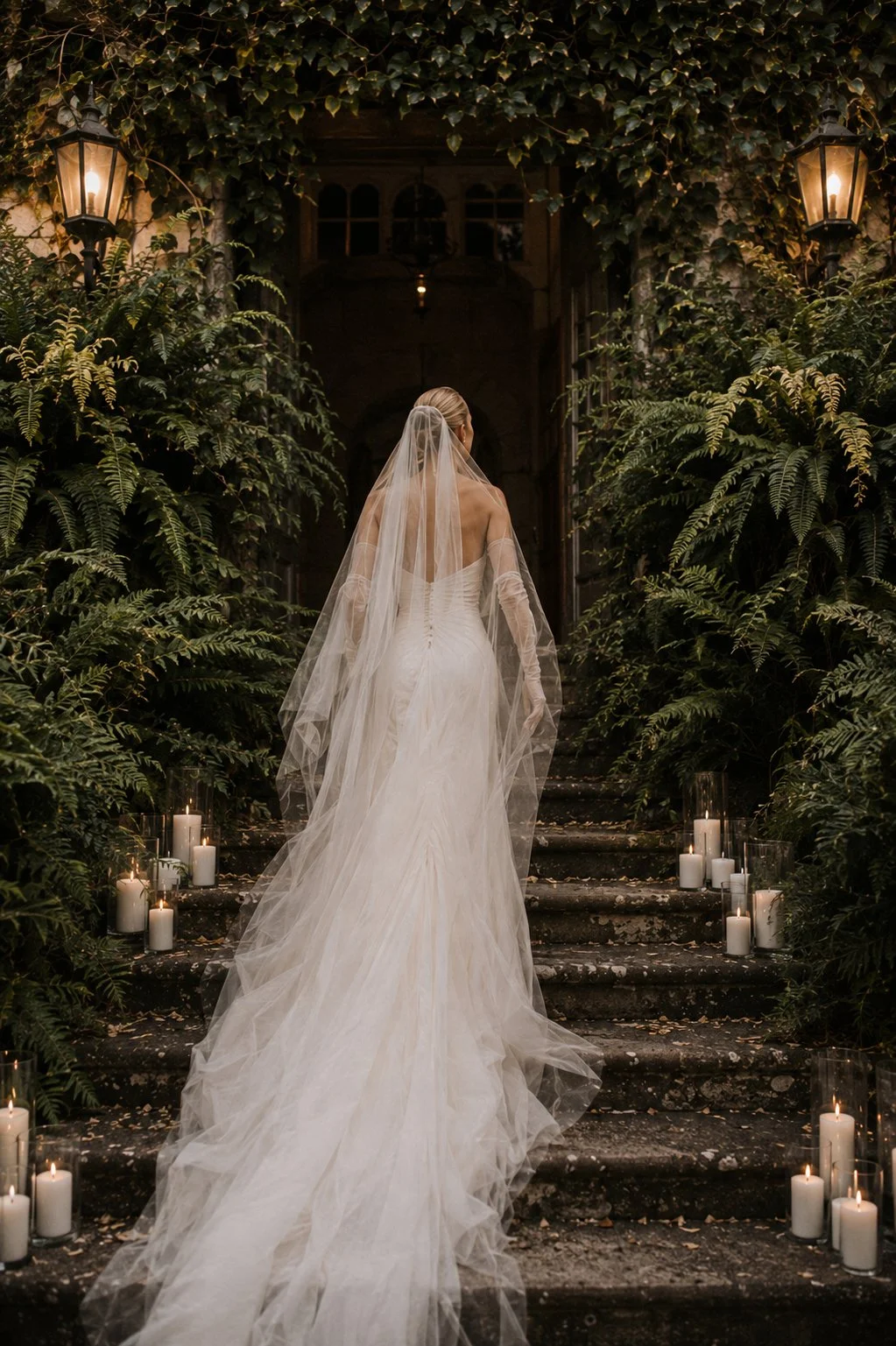 Bride walking up the candlelit entrance of Abbaye des Vaux de Cernay wearing a couture wedding gown and cathedral veil.