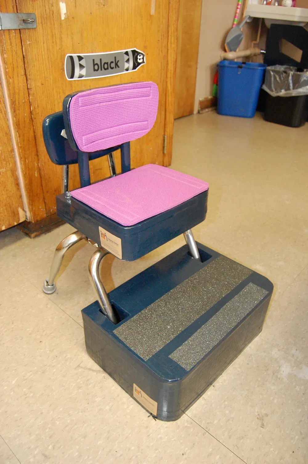  Little person school chair modification. (Cardboard, PVC, &amp; recycled yoga mat) 