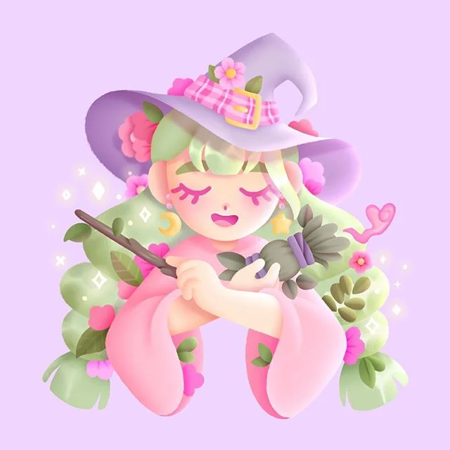 I made an updated version of the lil witch girl from over the summer! ✨🌸 Swipe to see the original ➡️ I made stickers of this cutie and I’m rly happy with them. It’s gonna take longer than I thought to open my Etsy store with everything that’s going