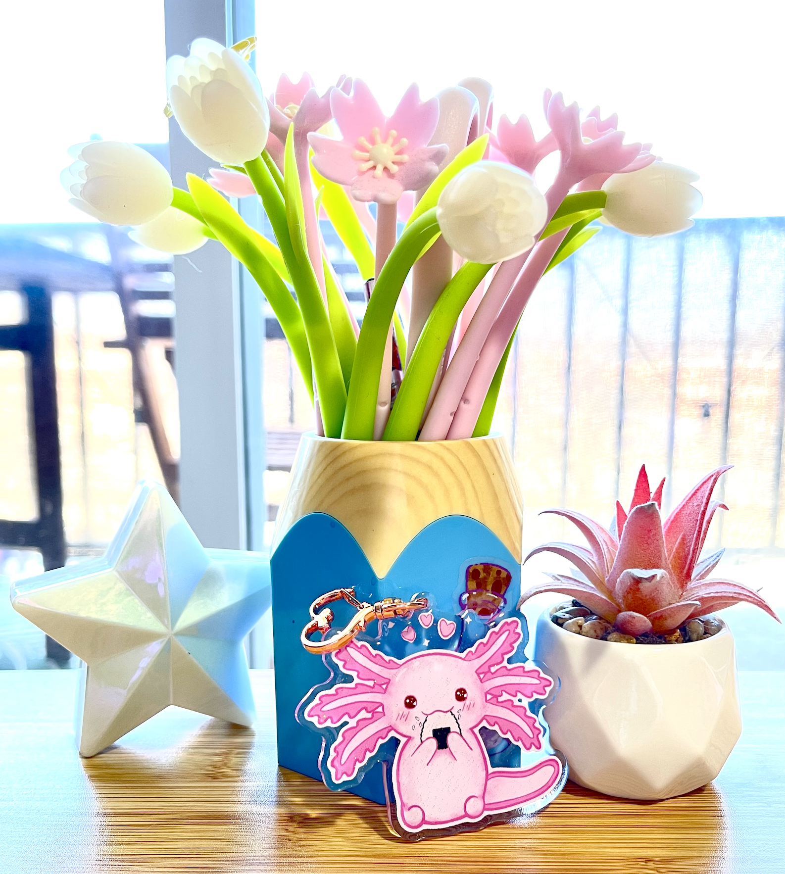 glitter pink axolotl keychain acrylic epoxy kawaii