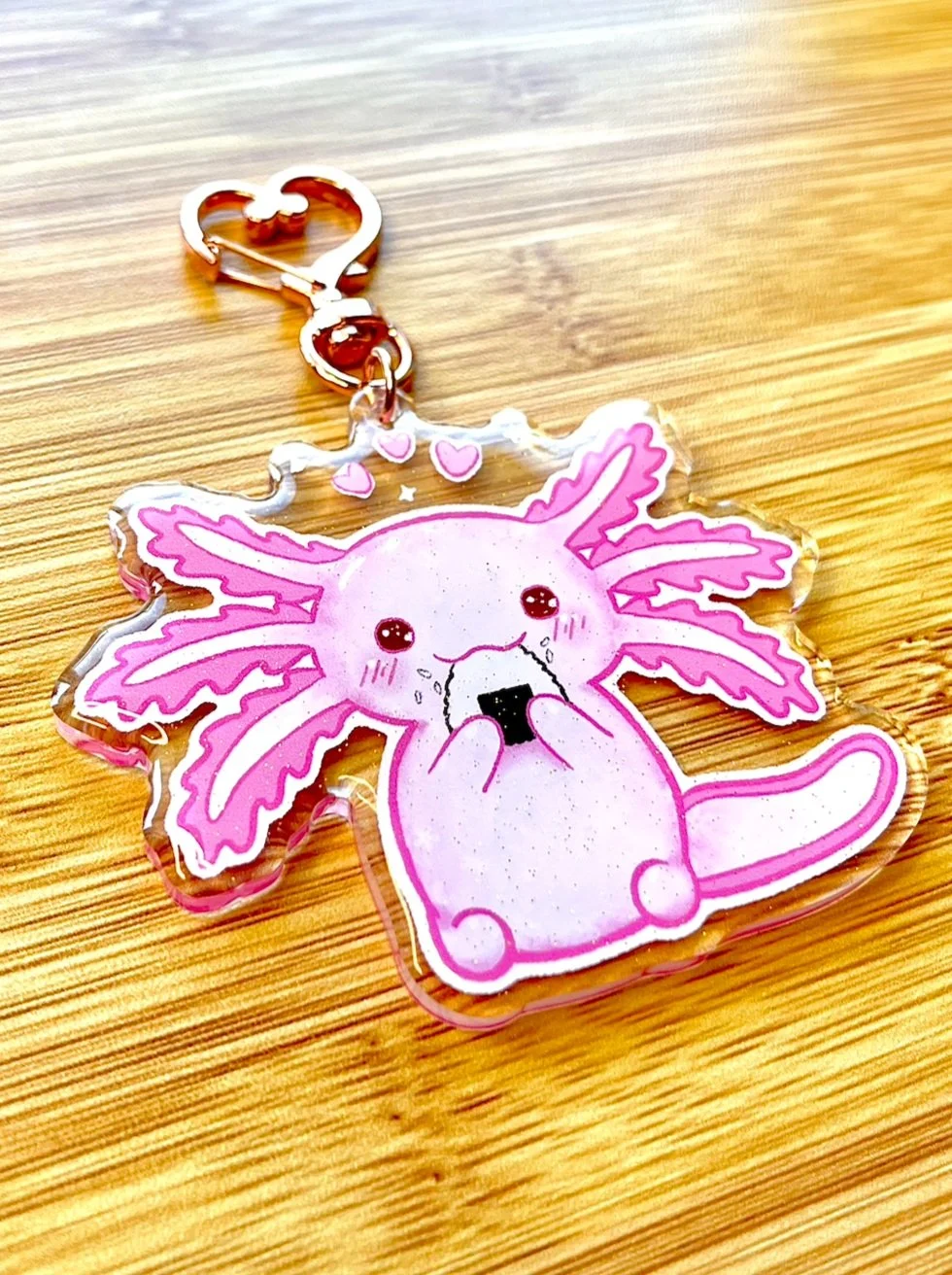 glitter pink axolotl keychain acrylic epoxy kawaii