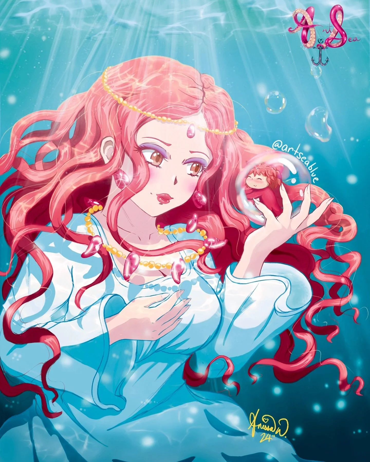 Tadaaaaaa- &amp; I present you with Granmamare. Yall know I just had to draw her. She&rsquo;s literally a sea goddess 🌊
.
.
.
.
.
#ponyo #ponyoonthecliffbythesea #granmamare #digitalart #artseablue #procreatedrawing #seagoddess #studioghibli #hayaom