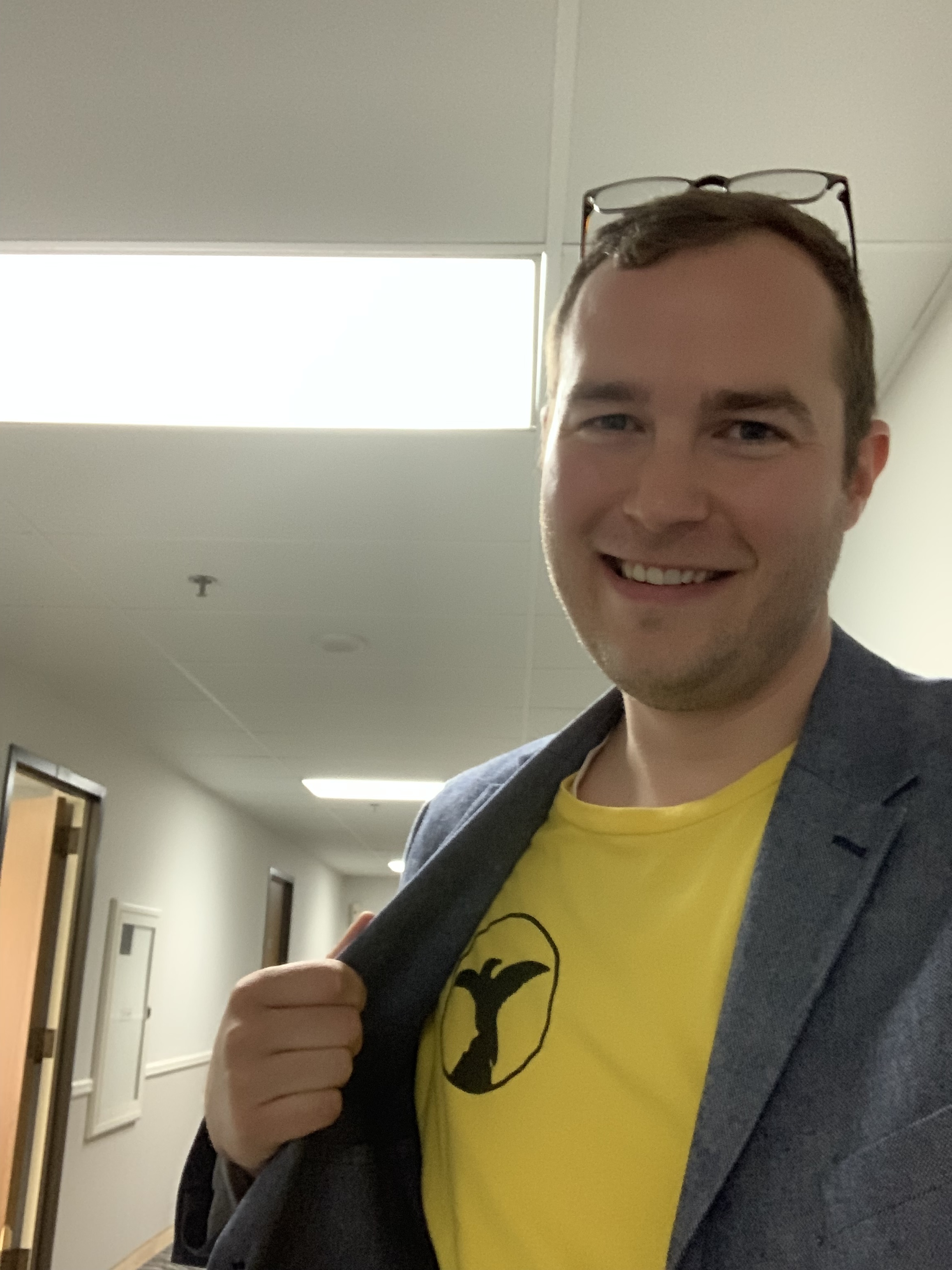 Jon wears his LA Times Guild shirt at the vote tally in solidarity with his colleagues on Tuesday.