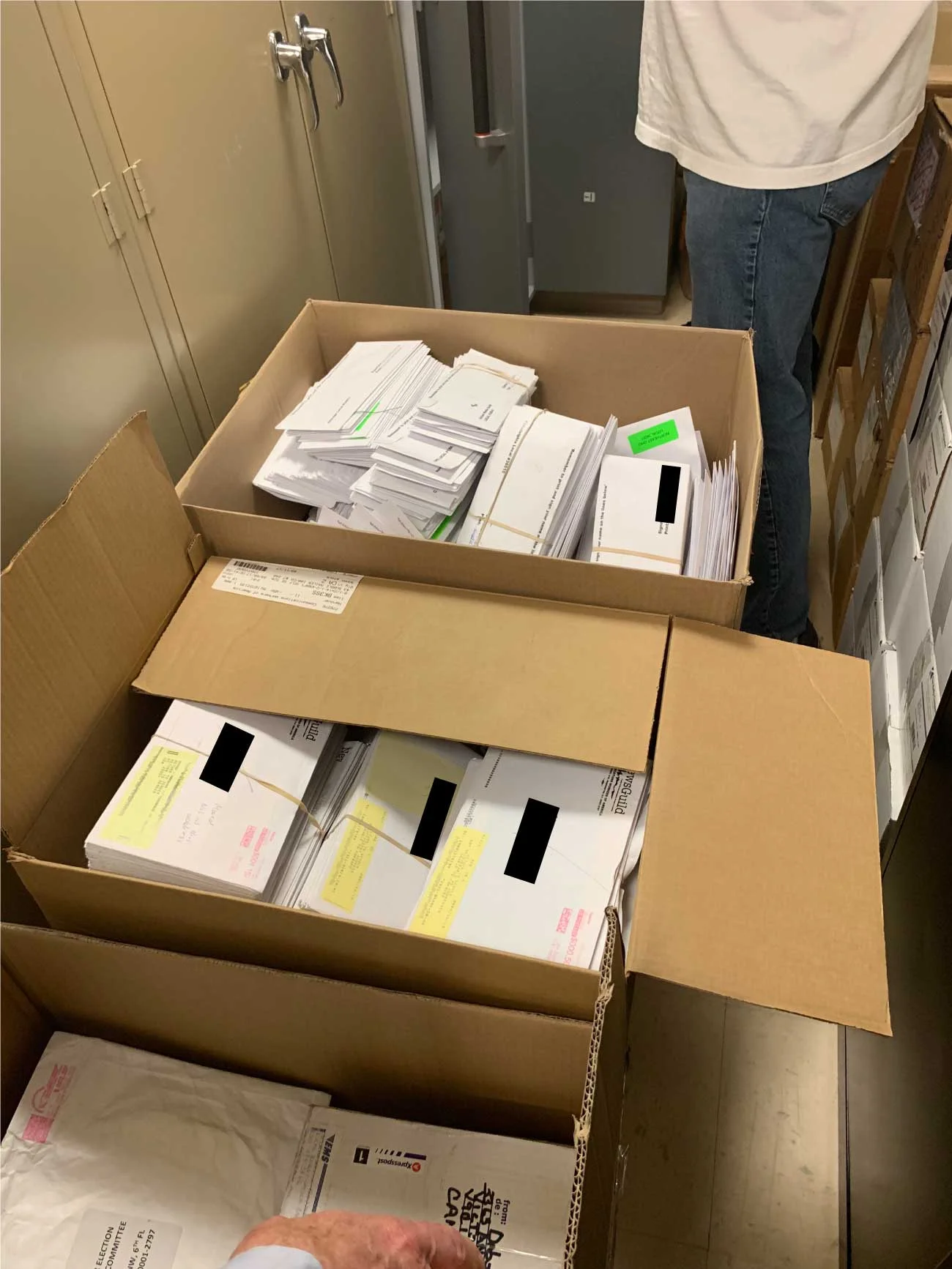Last week I discovered that NewsGuild HQ had received more than 1,000 ballots (box below) that never made it to dues-paying members because of bad addresses. More than 2,000 ballots came back through the mail completed (box above). Member names are redacted for privacy.