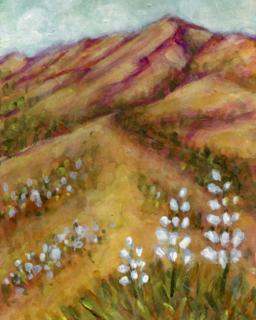 A little landscape practice while dreaming&nbsp;of hills of wildflowers&nbsp;🌾🪻🌾🪻🌾&nbsp;A chilly and rainy week in the forecast here, but it's much needed&nbsp;🌧️&nbsp;April showers bring May flowers!&nbsp;🌧️🌈🌸🪻🌻 Wishing you a gentle week 